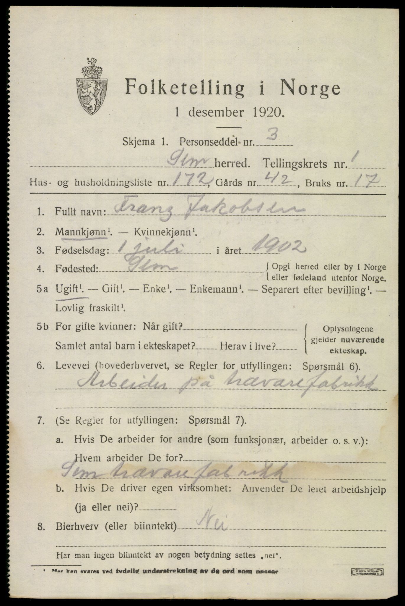 SAKO, 1920 census for Sem, 1920, p. 4997