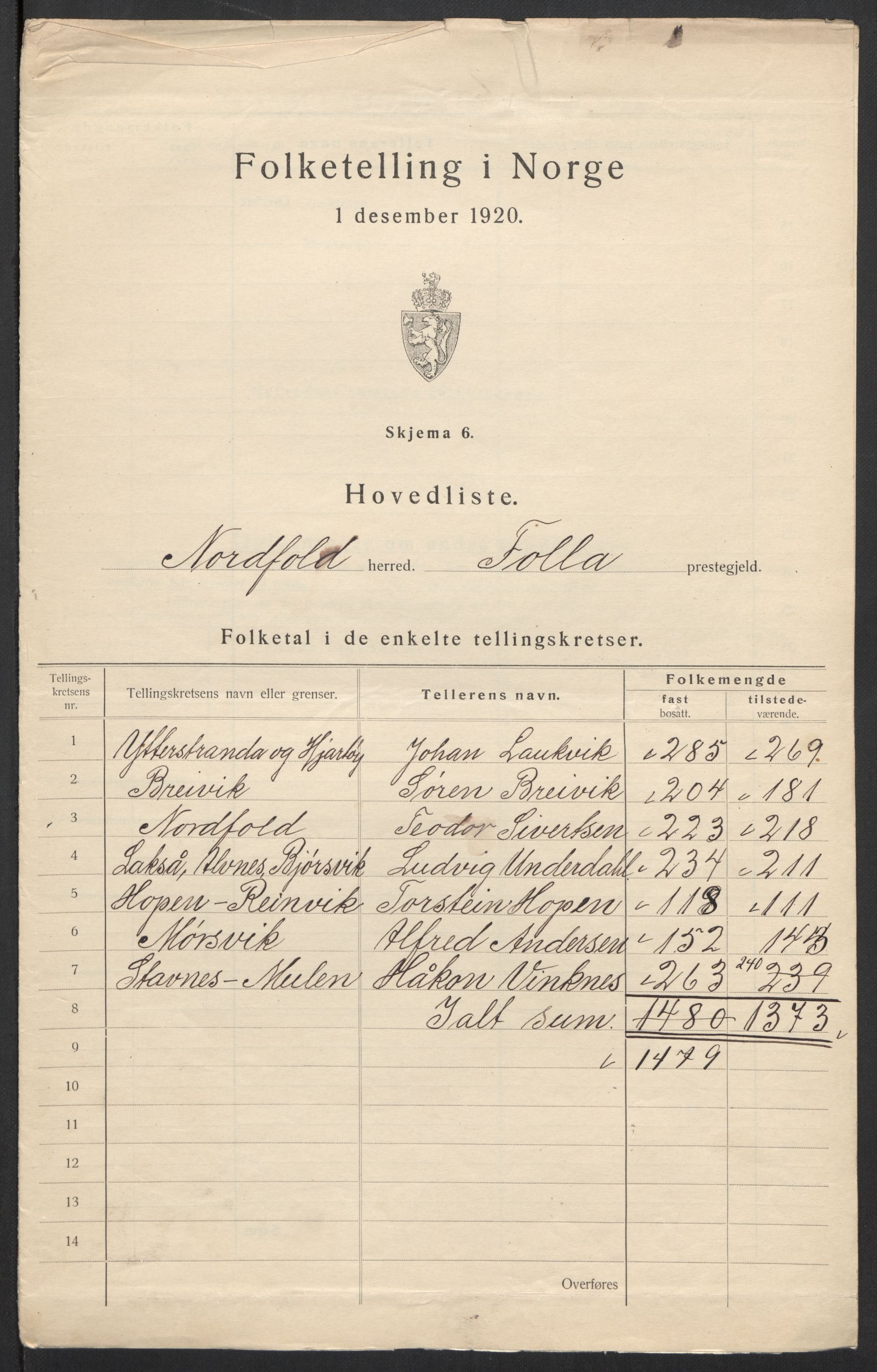 SAT, 1920 census for Nordfold, 1920, p. 4