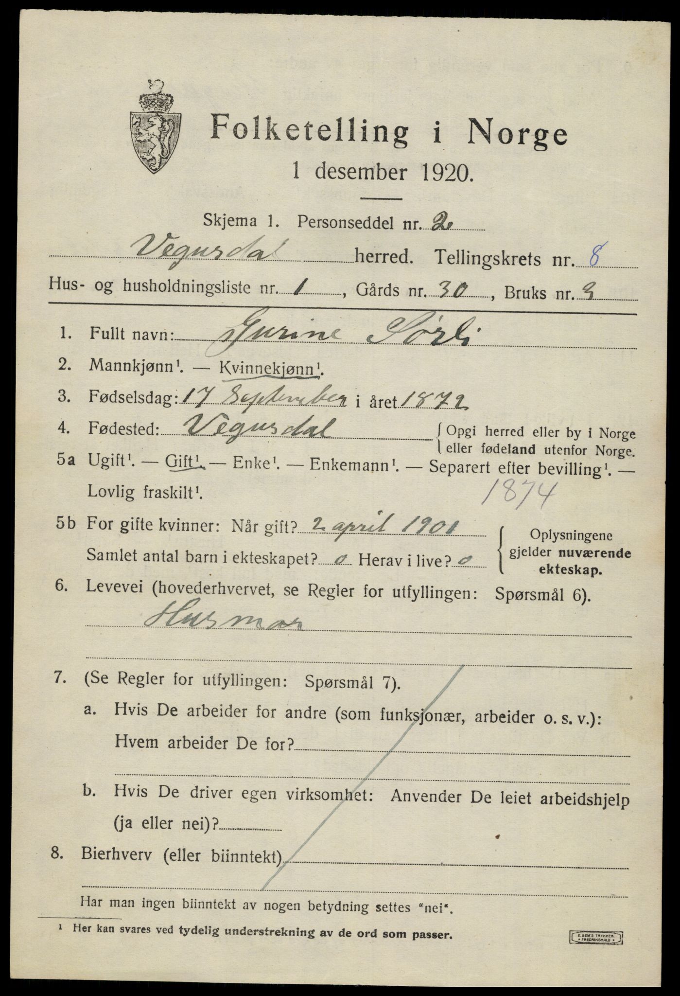 SAK, 1920 census for Vegusdal, 1920, p. 1787