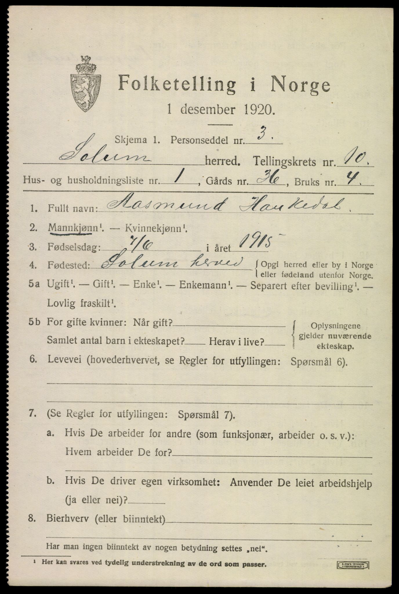 SAKO, 1920 census for Solum, 1920, p. 15340