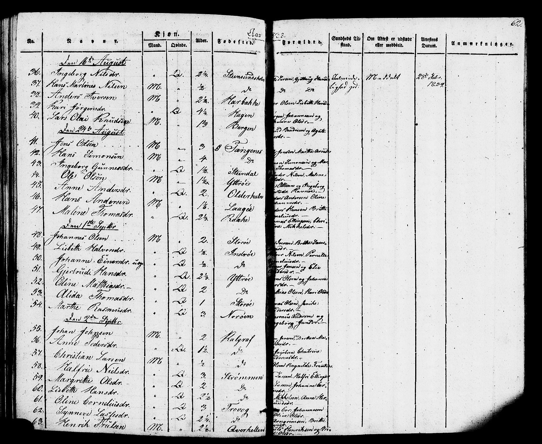 Gulen sokneprestembete, AV/SAB-A-80201/H/Haa/Haaa/L0026: Parish register (official) no. A 26, 1826-1842, p. 62
