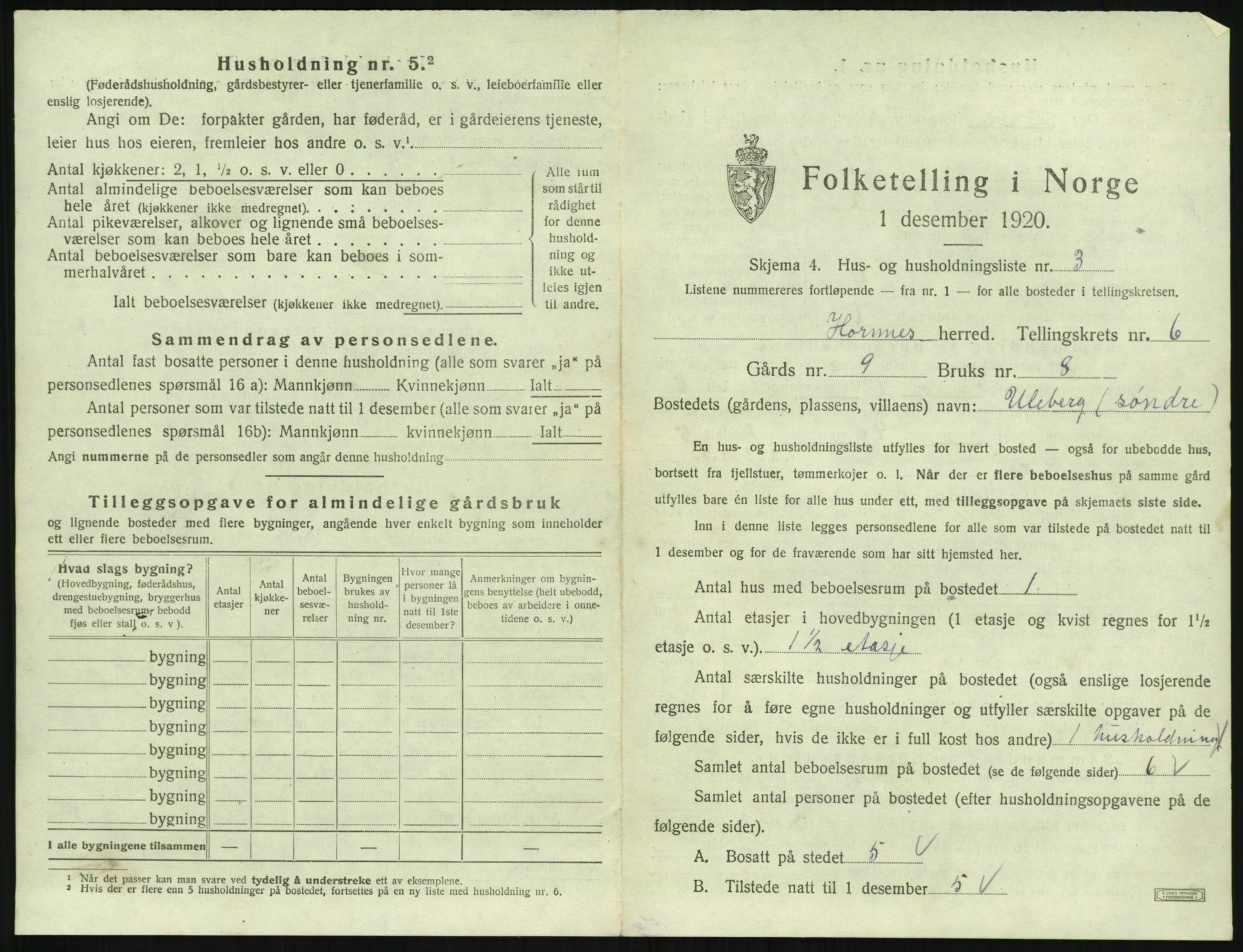 SAK, 1920 census for Hornnes, 1920, p. 249