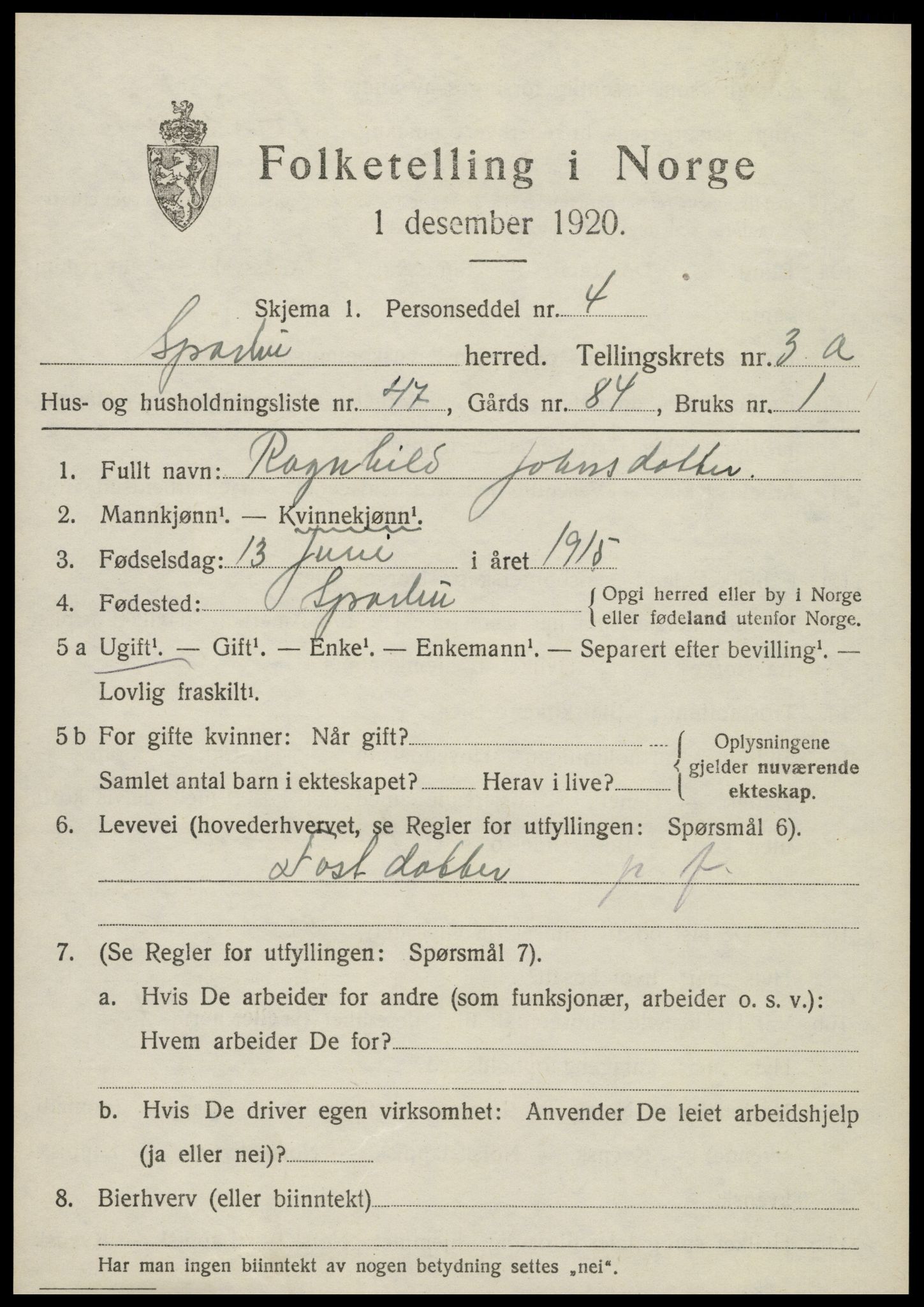 SAT, 1920 census for Sparbu, 1920, p. 4795