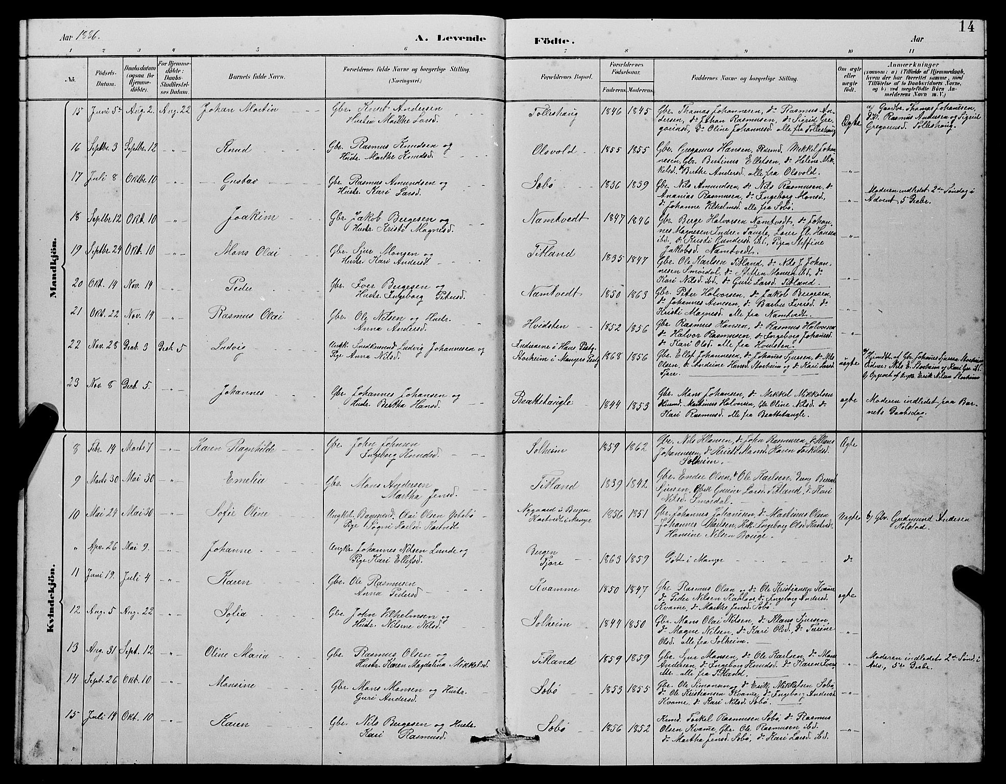 Manger sokneprestembete, AV/SAB-A-76801/H/Hab: Parish register (copy) no. D 2, 1883-1894, p. 14