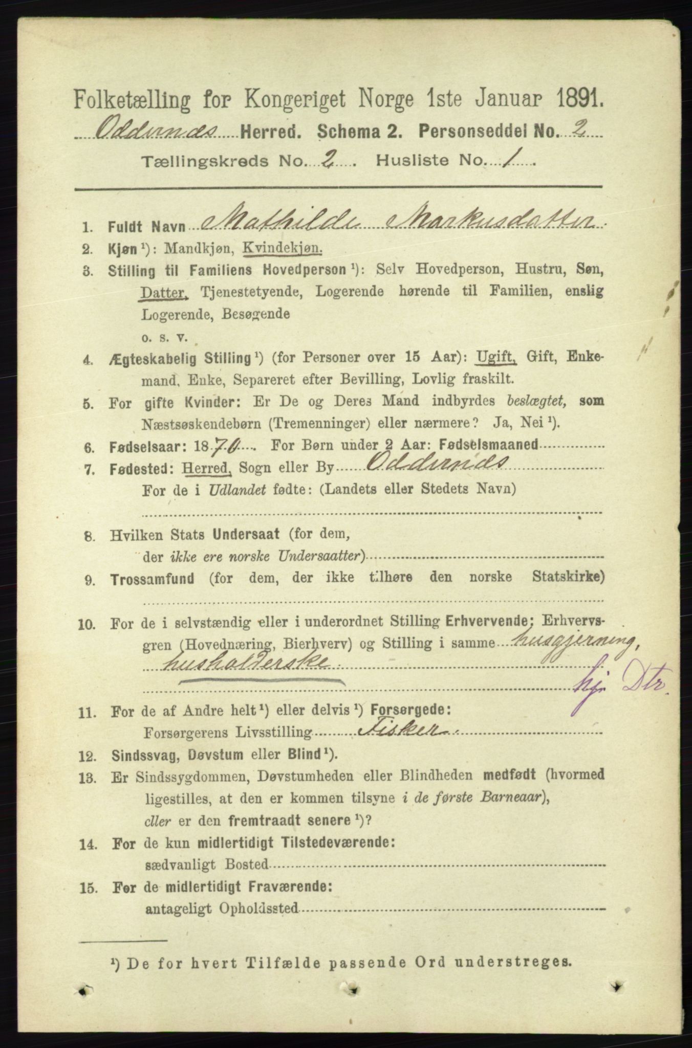 RA, 1891 census for 1012 Oddernes, 1891, p. 564