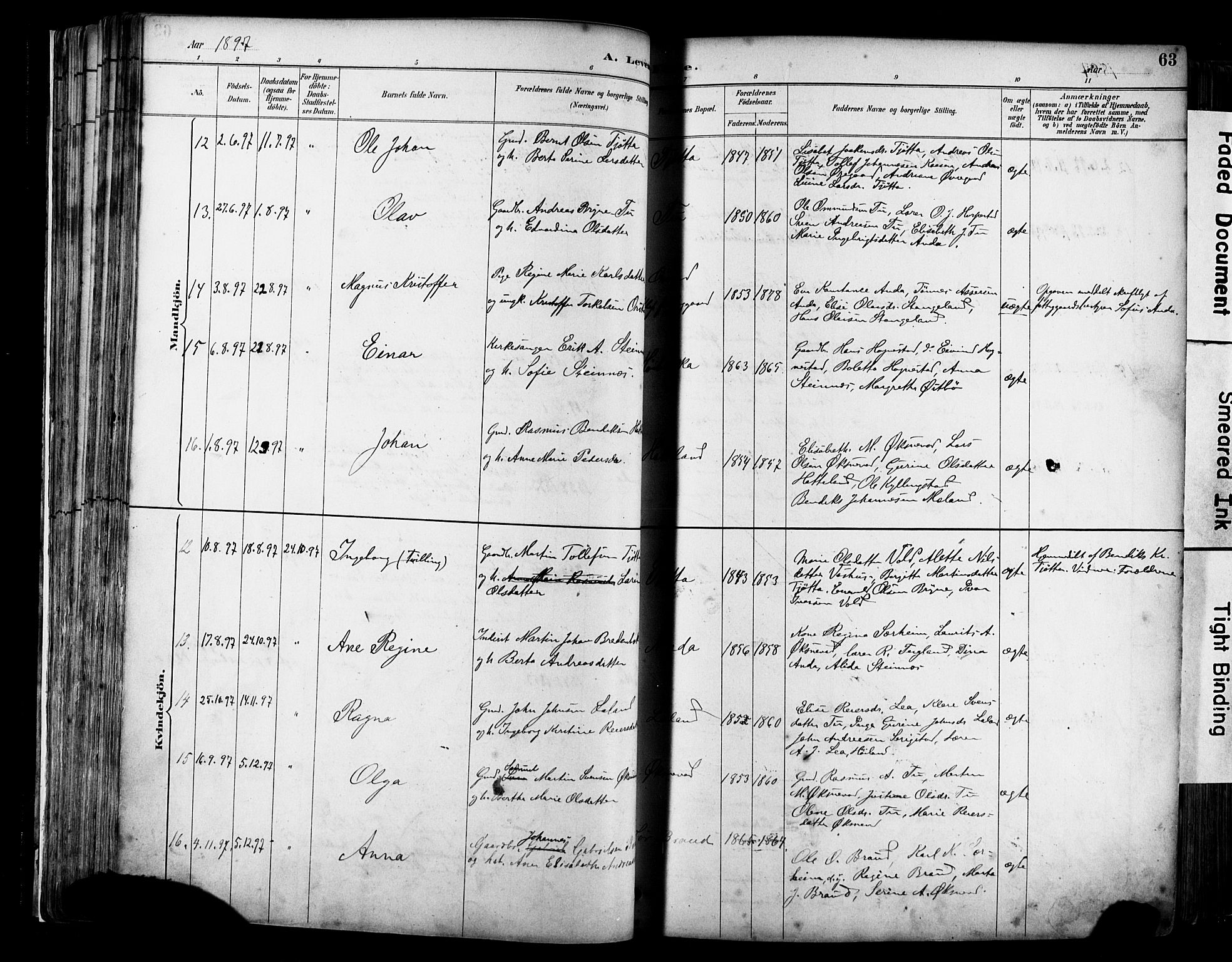 Klepp sokneprestkontor, SAST/A-101803/001/3/30BA/L0009: Parish register (official) no. A 7, 1886-1915, p. 63
