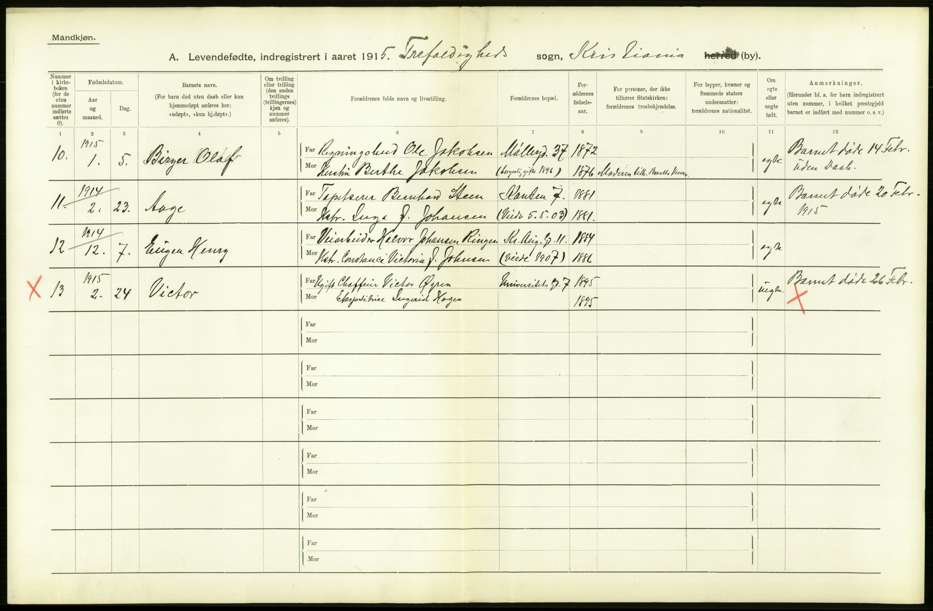 Statistisk sentralbyrå, Sosiodemografiske emner, Befolkning, AV/RA-S-2228/D/Df/Dfb/Dfbe/L0007: Kristiania: Levendefødte menn og kvinner., 1915, p. 396