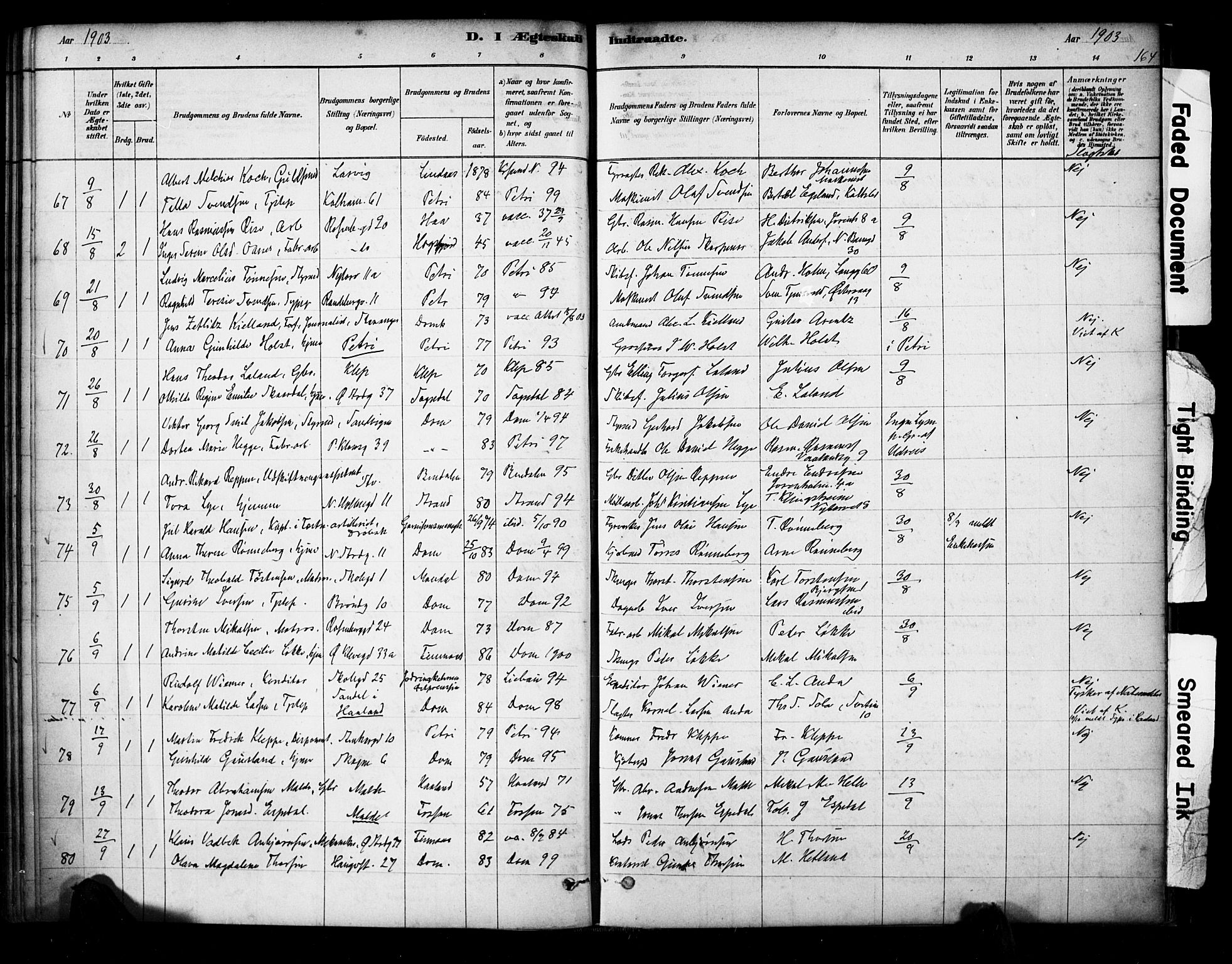 Domkirken sokneprestkontor, SAST/A-101812/001/30/30BA/L0029: Parish register (official) no. A 28, 1878-1904, p. 164