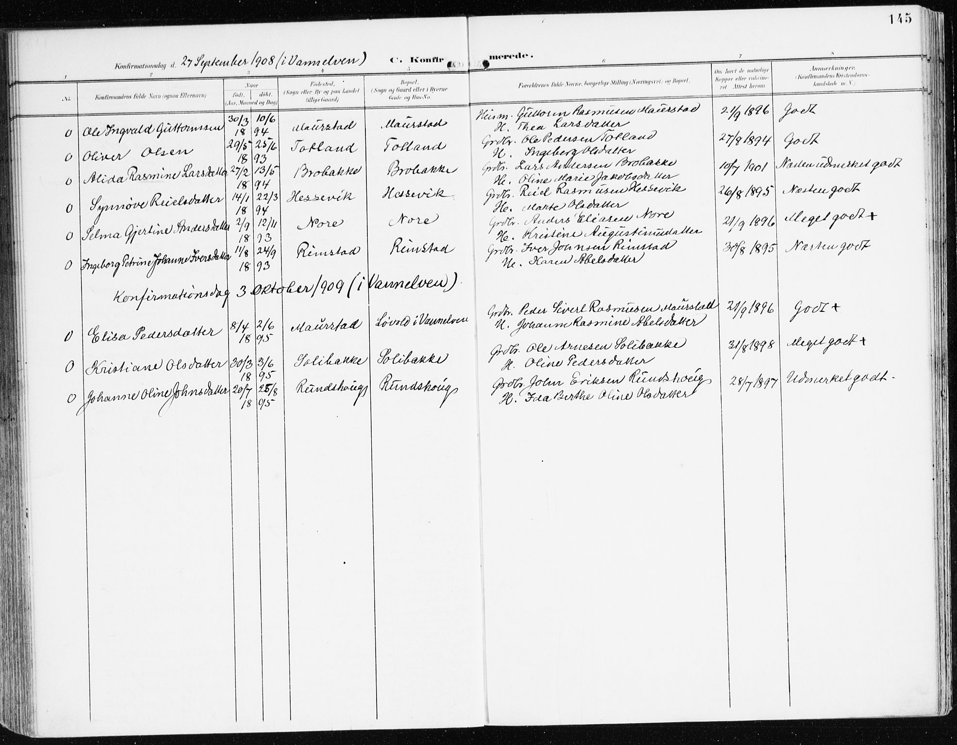 Davik sokneprestembete, AV/SAB-A-79701/H/Haa/Haad/L0002: Parish register (official) no. D 2, 1901-1930, p. 145