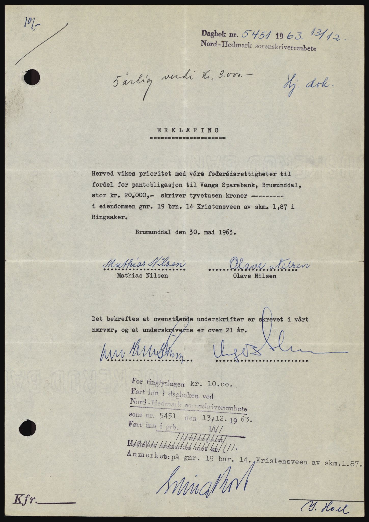 Nord-Hedmark sorenskriveri, SAH/TING-012/H/Hc/L0019: Mortgage book no. 19, 1963-1964, Diary no: : 5451/1963