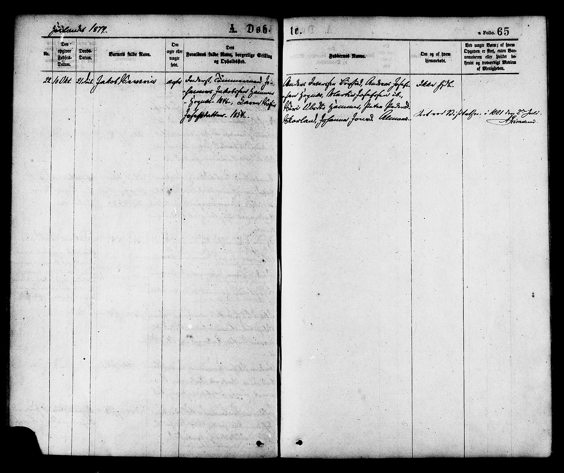 Ministerialprotokoller, klokkerbøker og fødselsregistre - Nord-Trøndelag, AV/SAT-A-1458/758/L0516: Parish register (official) no. 758A03 /2, 1869-1879, p. 65