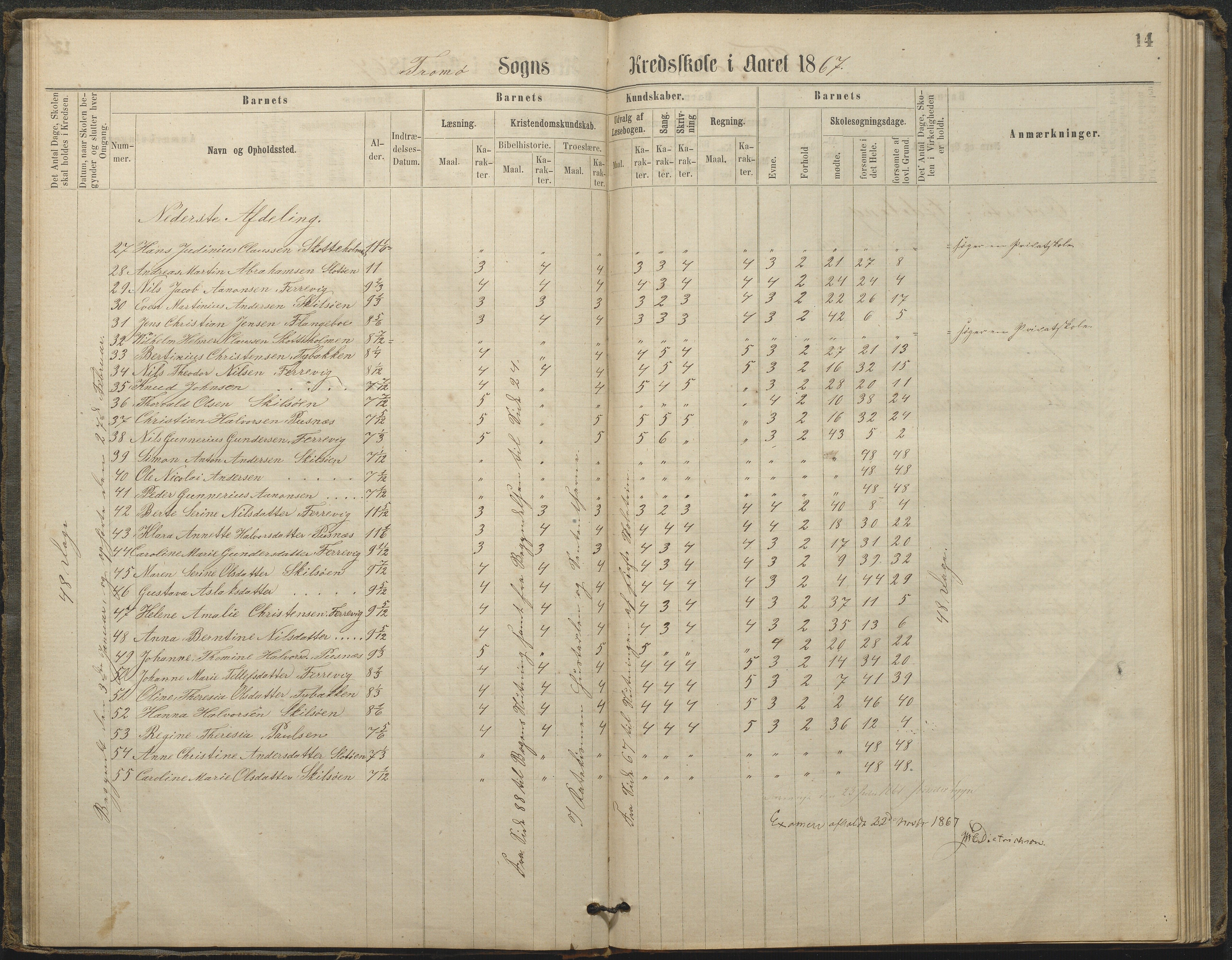 Tromøy kommune frem til 1971, AAKS/KA0921-PK/04/L0033: Færvik (Roligheden) - Karakterprotokoll, 1864-1896, p. 13