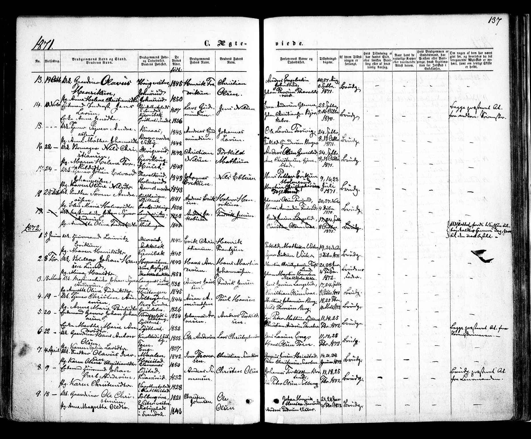 Skiptvet prestekontor Kirkebøker, SAO/A-20009/F/Fa/L0008: Parish register (official) no. 8, 1867-1877, p. 137