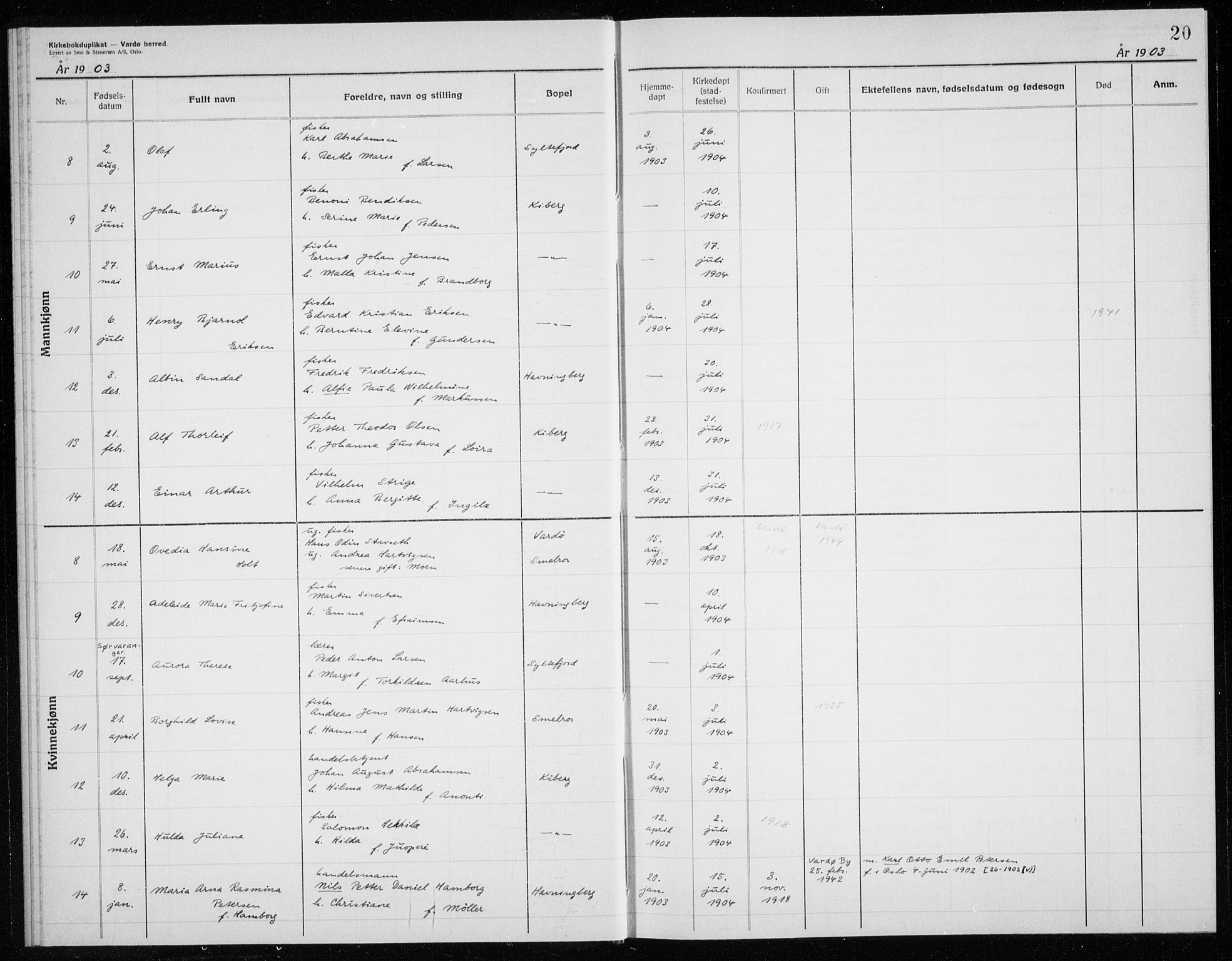 Vardø sokneprestkontor, AV/SATØ-S-1332/H/Hc/L0006kirkerekon: Other parish register no. 6, 1900-1925, p. 20