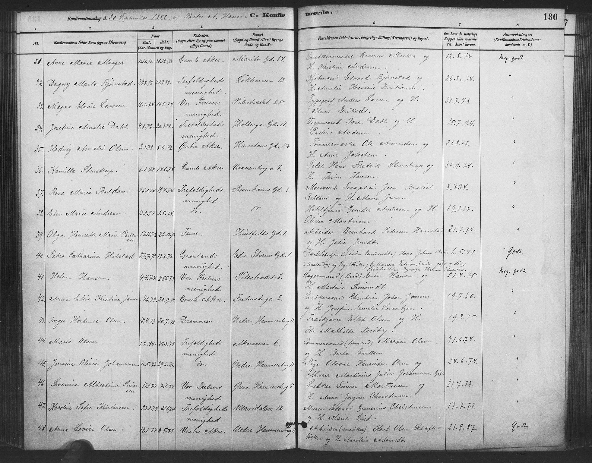 Trefoldighet prestekontor Kirkebøker, AV/SAO-A-10882/F/Fb/L0003: Parish register (official) no. II 3, 1881-1895, p. 136