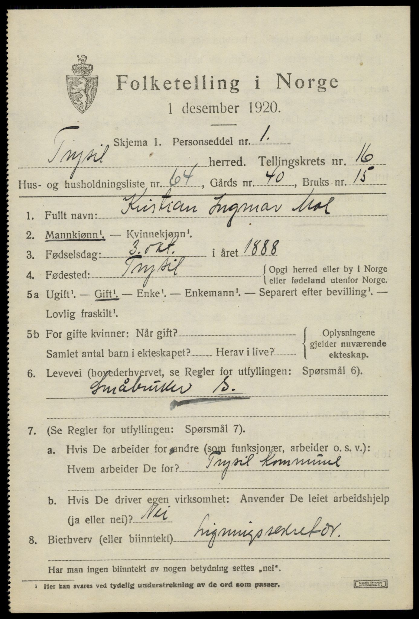 SAH, 1920 census for Trysil, 1920, p. 10167