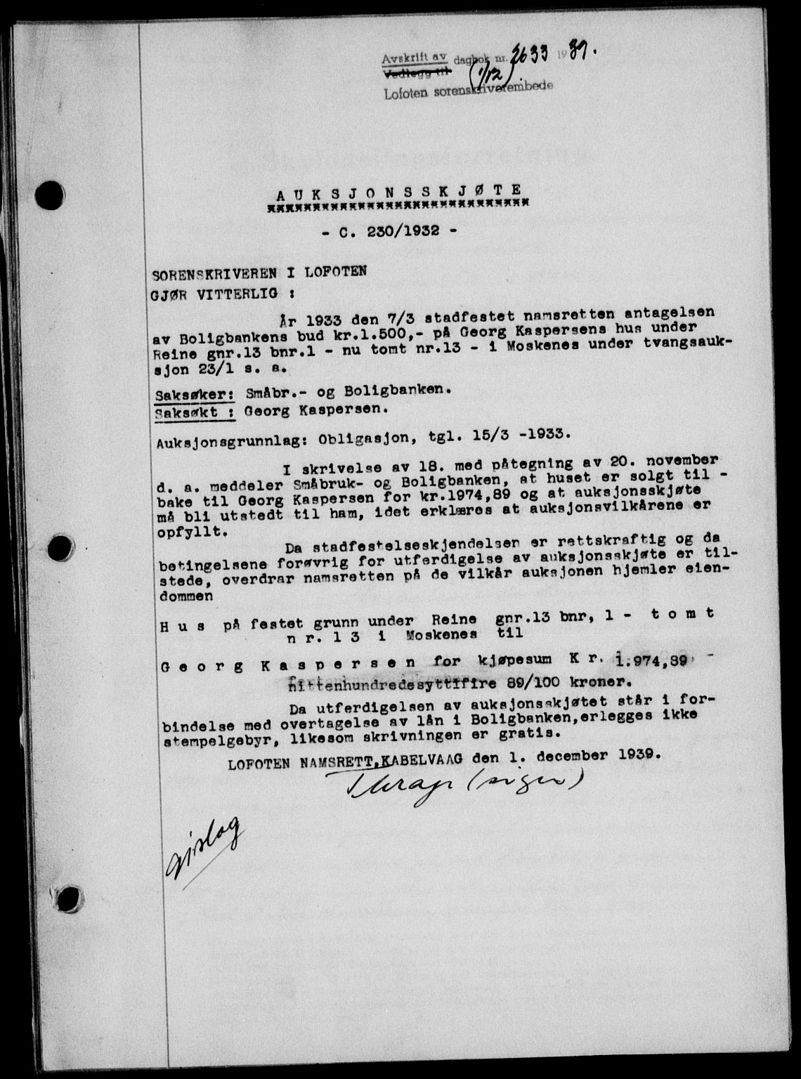Lofoten sorenskriveri, SAT/A-0017/1/2/2C/L0007a: Mortgage book no. 7a, 1939-1940, Diary no: : 2633/1939