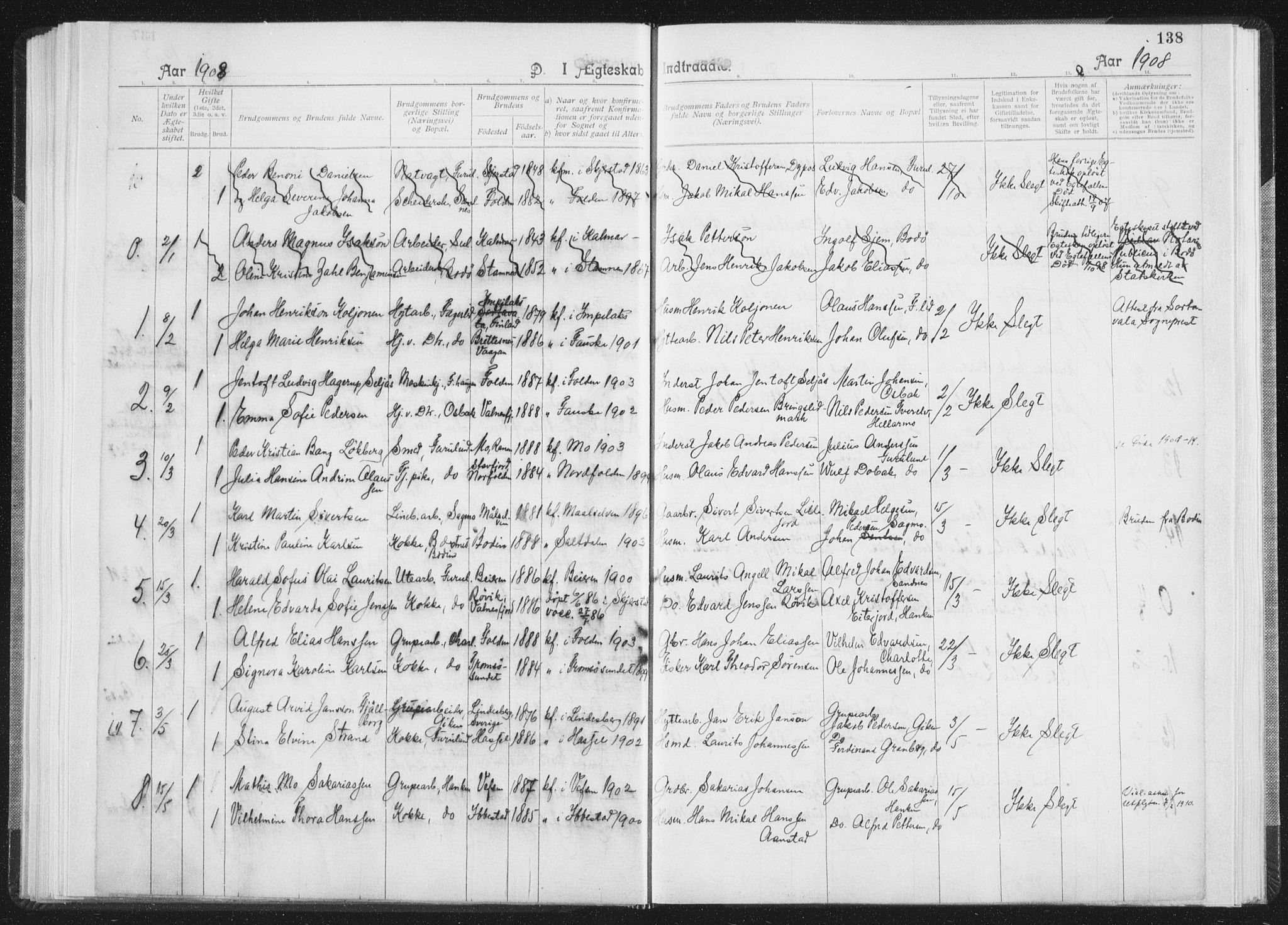 Ministerialprotokoller, klokkerbøker og fødselsregistre - Nordland, SAT/A-1459/850/L0711: Curate's parish register no. 850B01, 1902-1915, p. 138