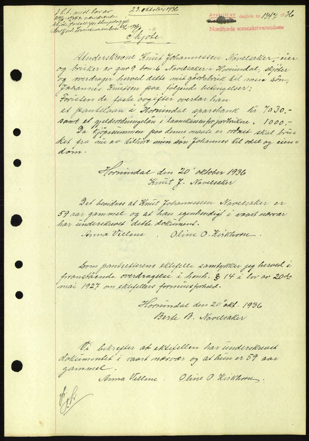 Nordfjord sorenskriveri, AV/SAB-A-2801/02/02b/02bj/L0001: Mortgage book no. A1, 1936-1937, Diary no: : 1347/1936