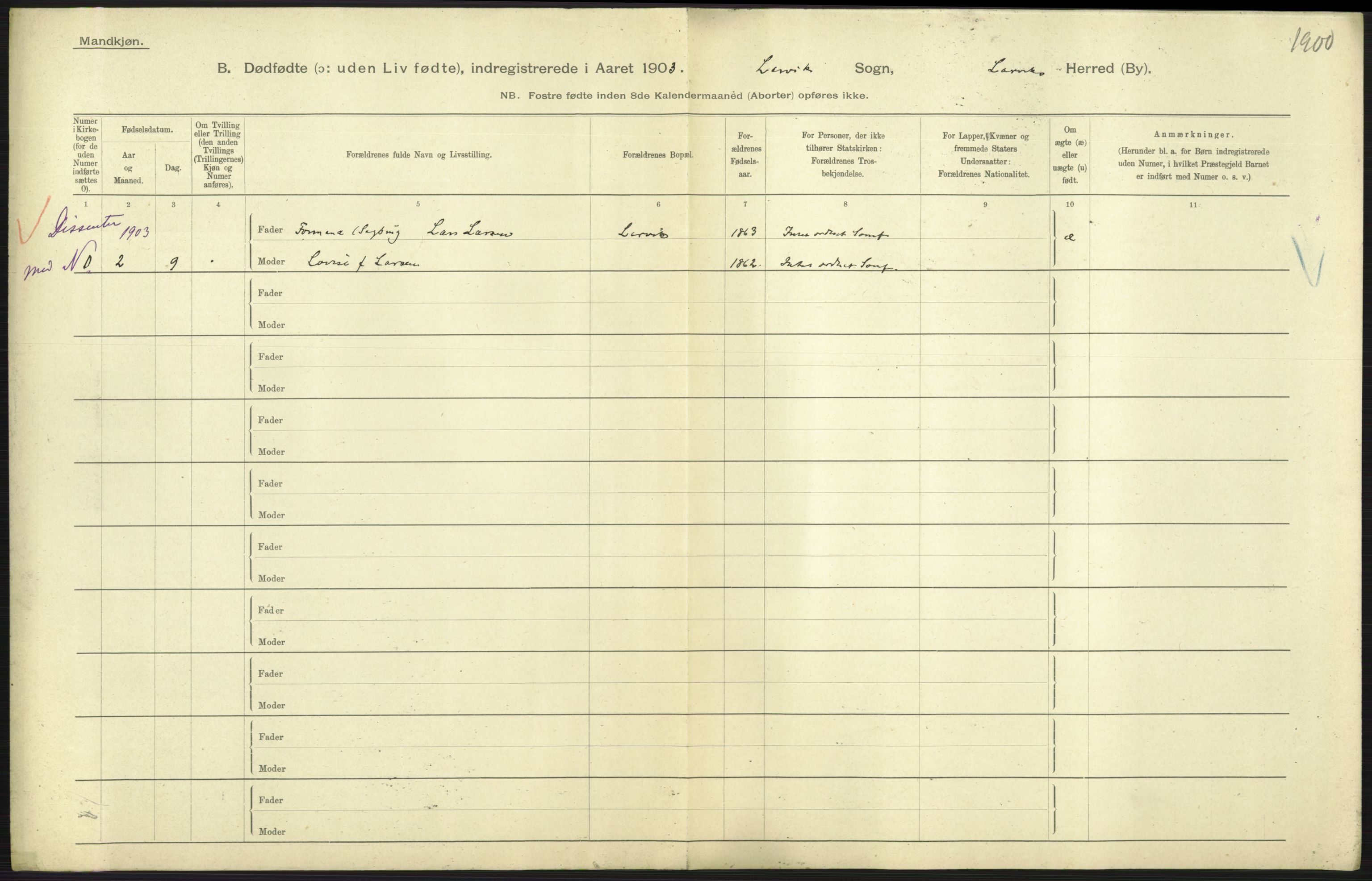 Statistisk sentralbyrå, Sosiodemografiske emner, Befolkning, AV/RA-S-2228/D/Df/Dfa/Dfaa/L0026: Smålenenes - Finnmarkens amt: Dødfødte. Byer., 1903, p. 141