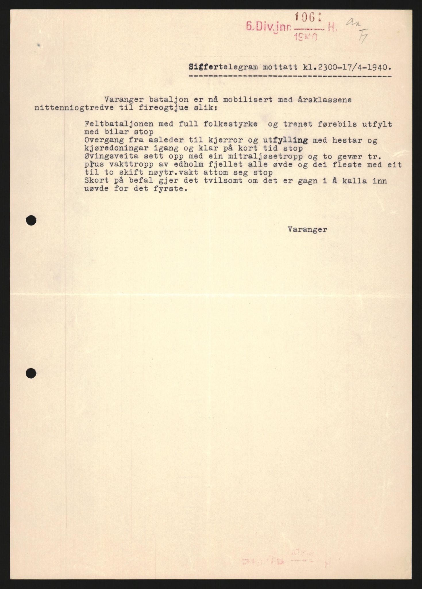 Forsvaret, Forsvarets krigshistoriske avdeling, AV/RA-RAFA-2017/Y/Yb/L0122: II-C-11-600  -  6. Divisjon med avdelinger, 1940, p. 75