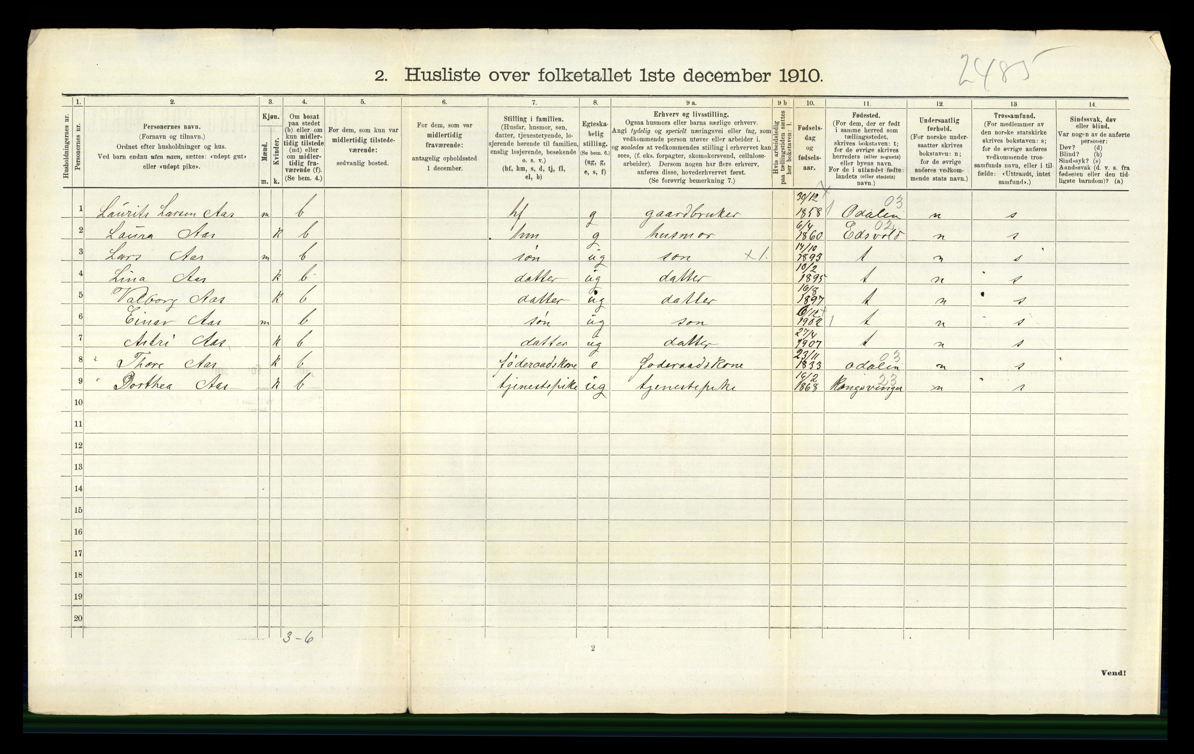 RA, 1910 census for Nes, 1910, p. 1383