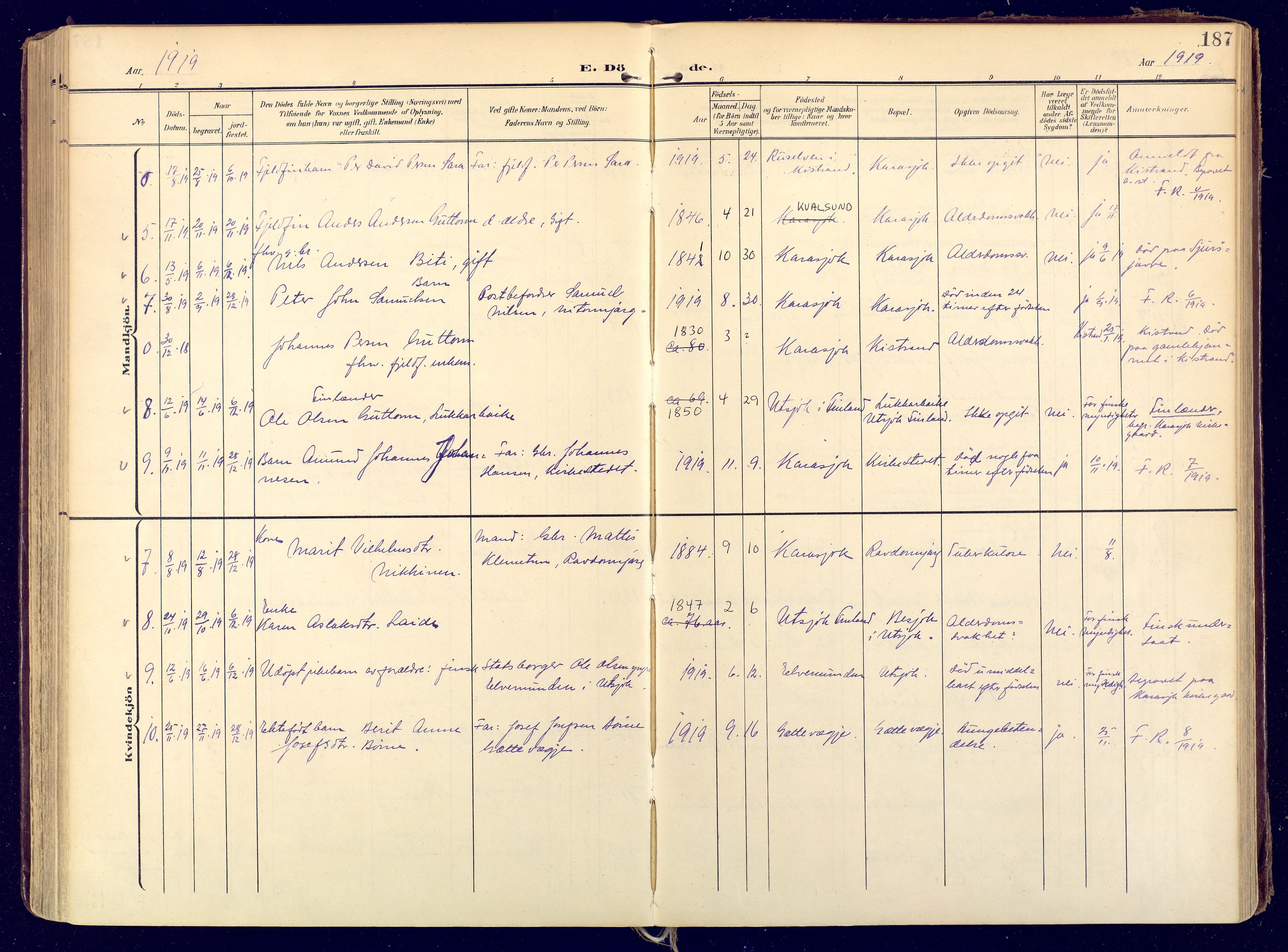 Karasjok sokneprestkontor, SATØ/S-1352/H/Ha: Parish register (official) no. 3, 1907-1926, p. 187