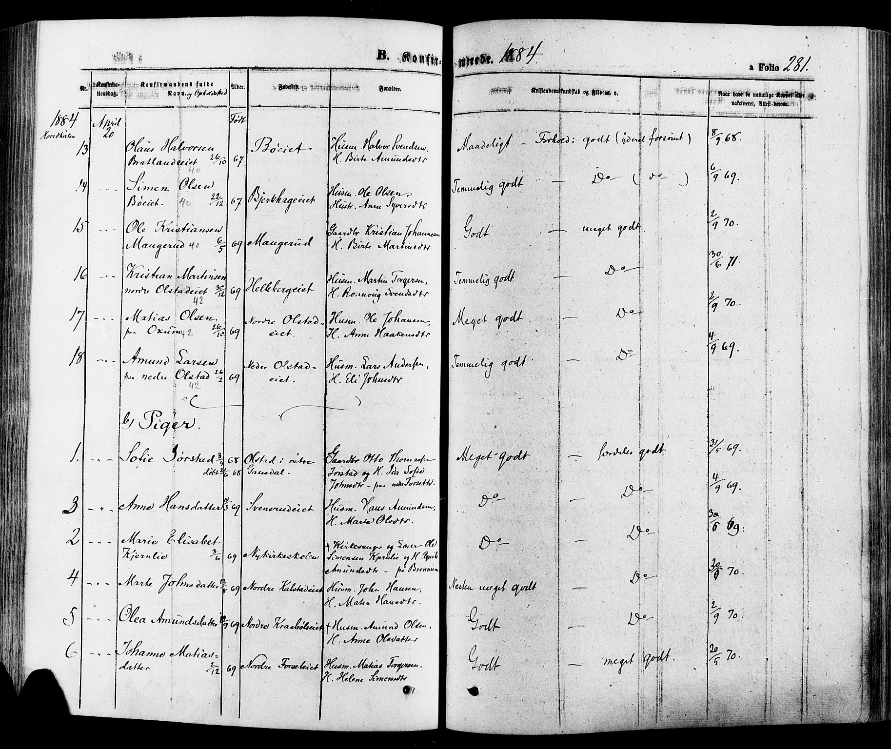 Gausdal prestekontor, SAH/PREST-090/H/Ha/Haa/L0010: Parish register (official) no. 10, 1867-1886, p. 281
