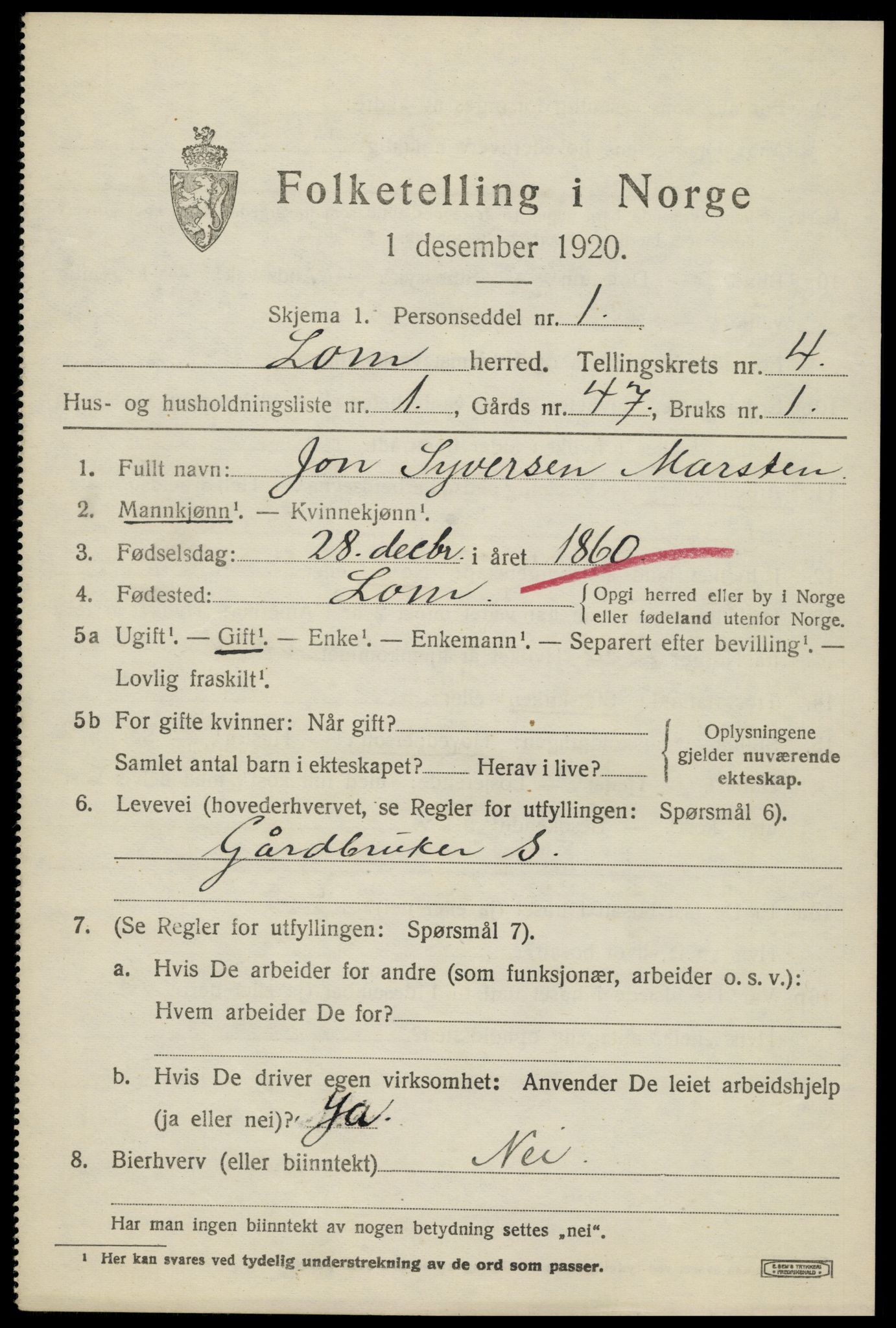 SAH, 1920 census for Lom, 1920, p. 2578