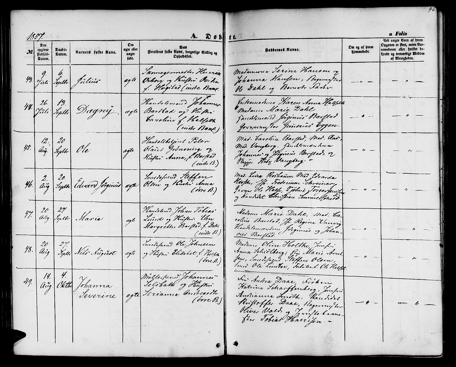 Ministerialprotokoller, klokkerbøker og fødselsregistre - Sør-Trøndelag, SAT/A-1456/604/L0184: Parish register (official) no. 604A05, 1851-1860, p. 46