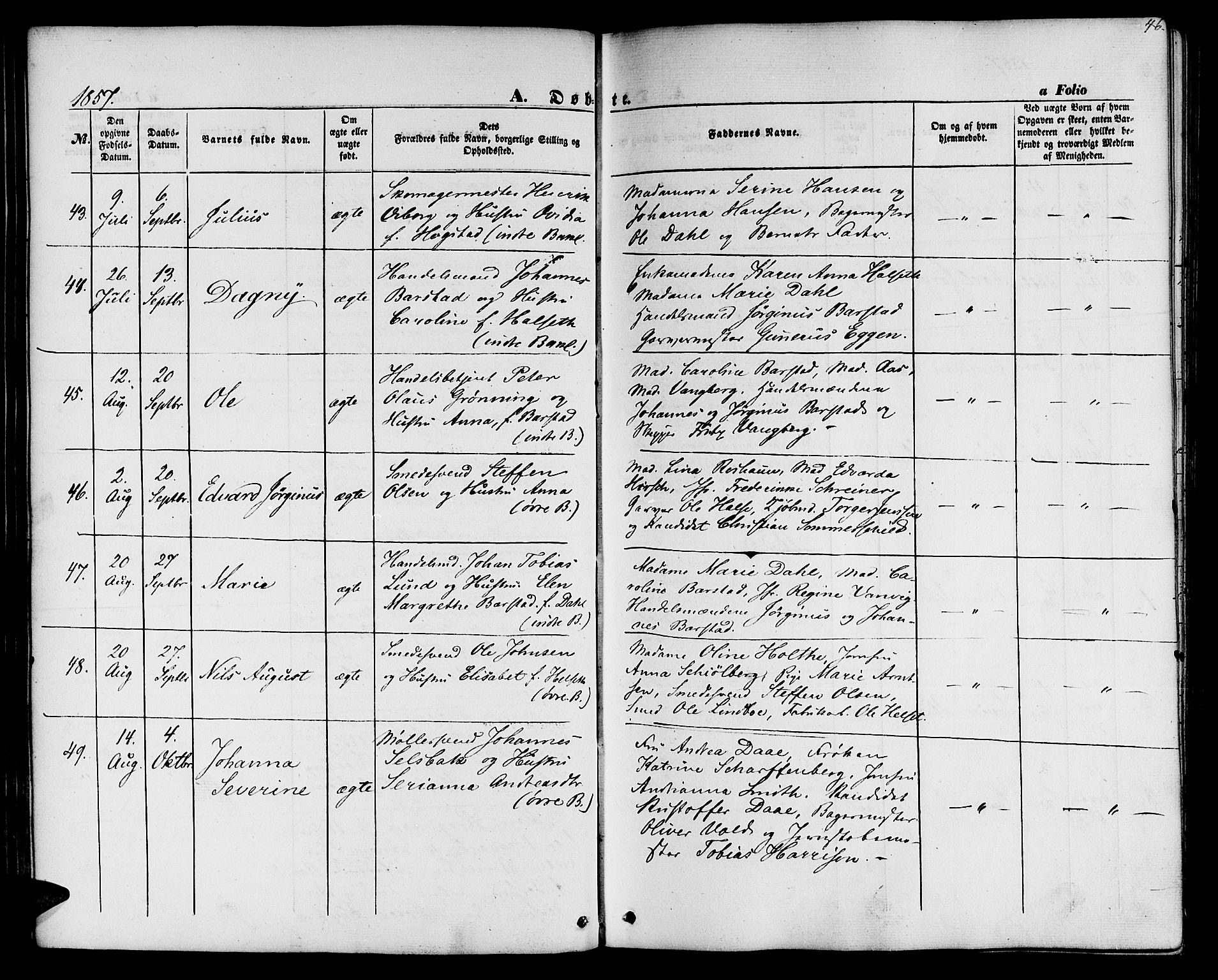 Ministerialprotokoller, klokkerbøker og fødselsregistre - Sør-Trøndelag, AV/SAT-A-1456/604/L0184: Parish register (official) no. 604A05, 1851-1860, p. 46