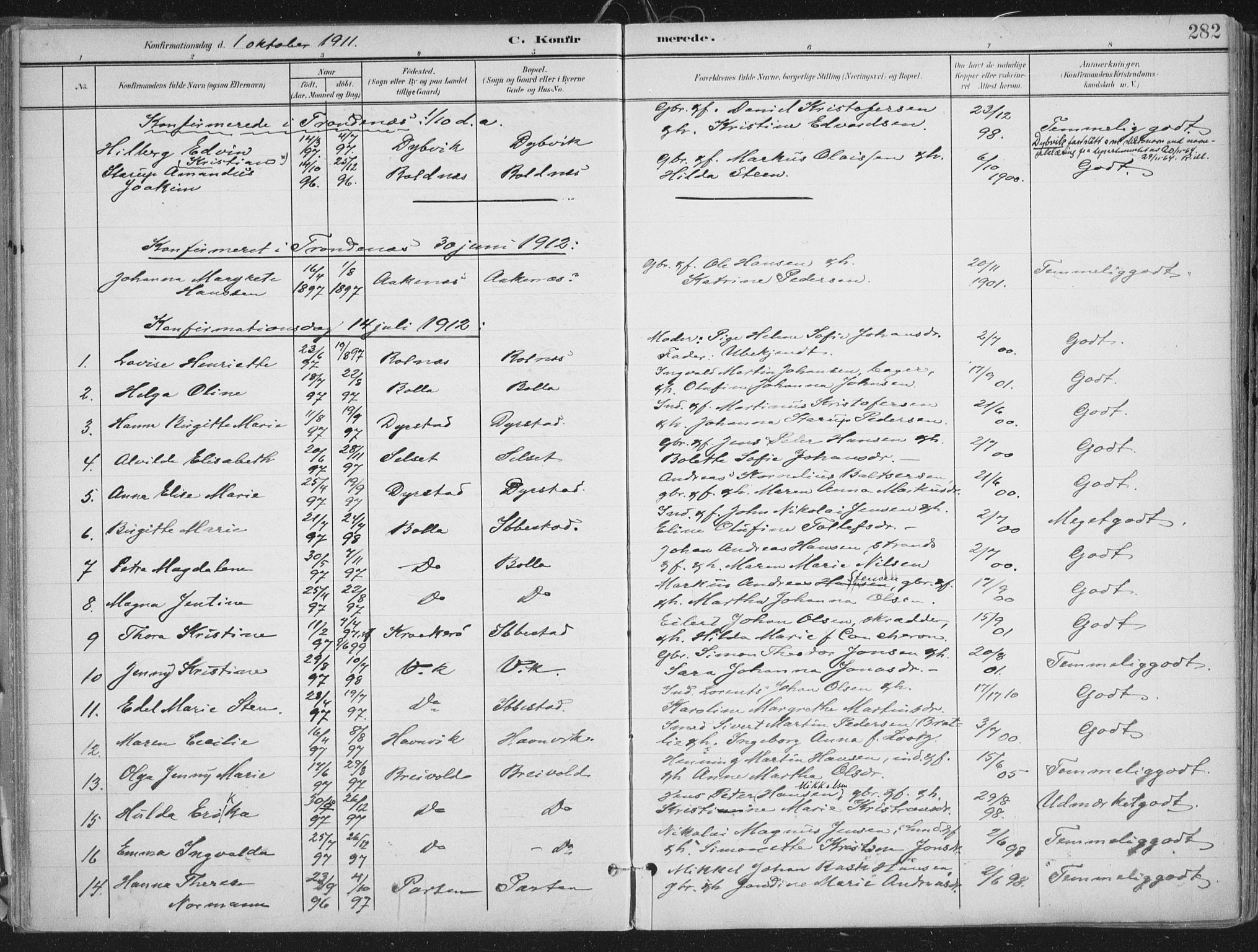 Ibestad sokneprestembete, SATØ/S-0077/H/Ha/Haa/L0017kirke: Parish register (official) no. 17, 1901-1914, p. 282