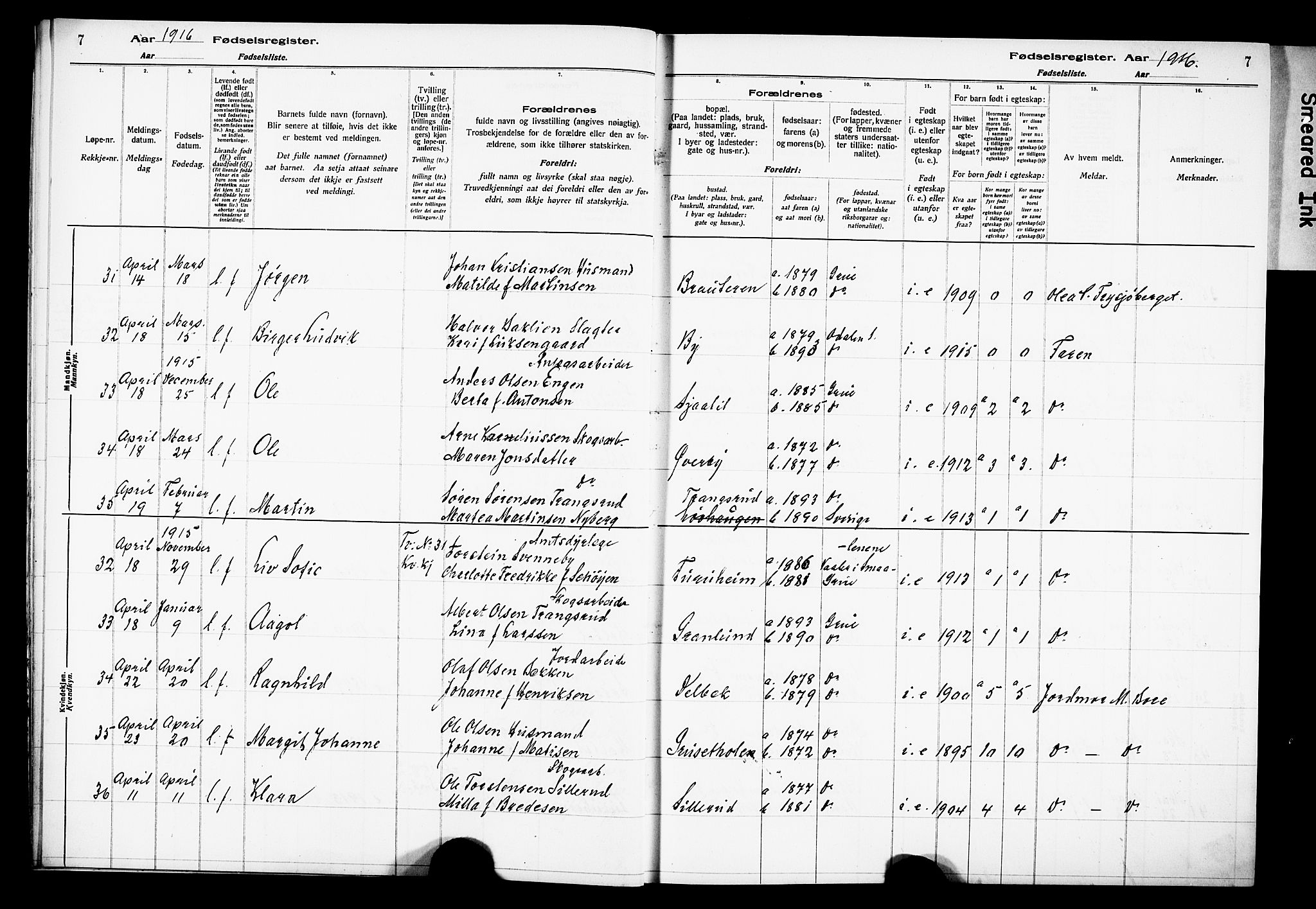 Grue prestekontor, SAH/PREST-036/I/Id: Birth register no. 1, 1916-1926, p. 7