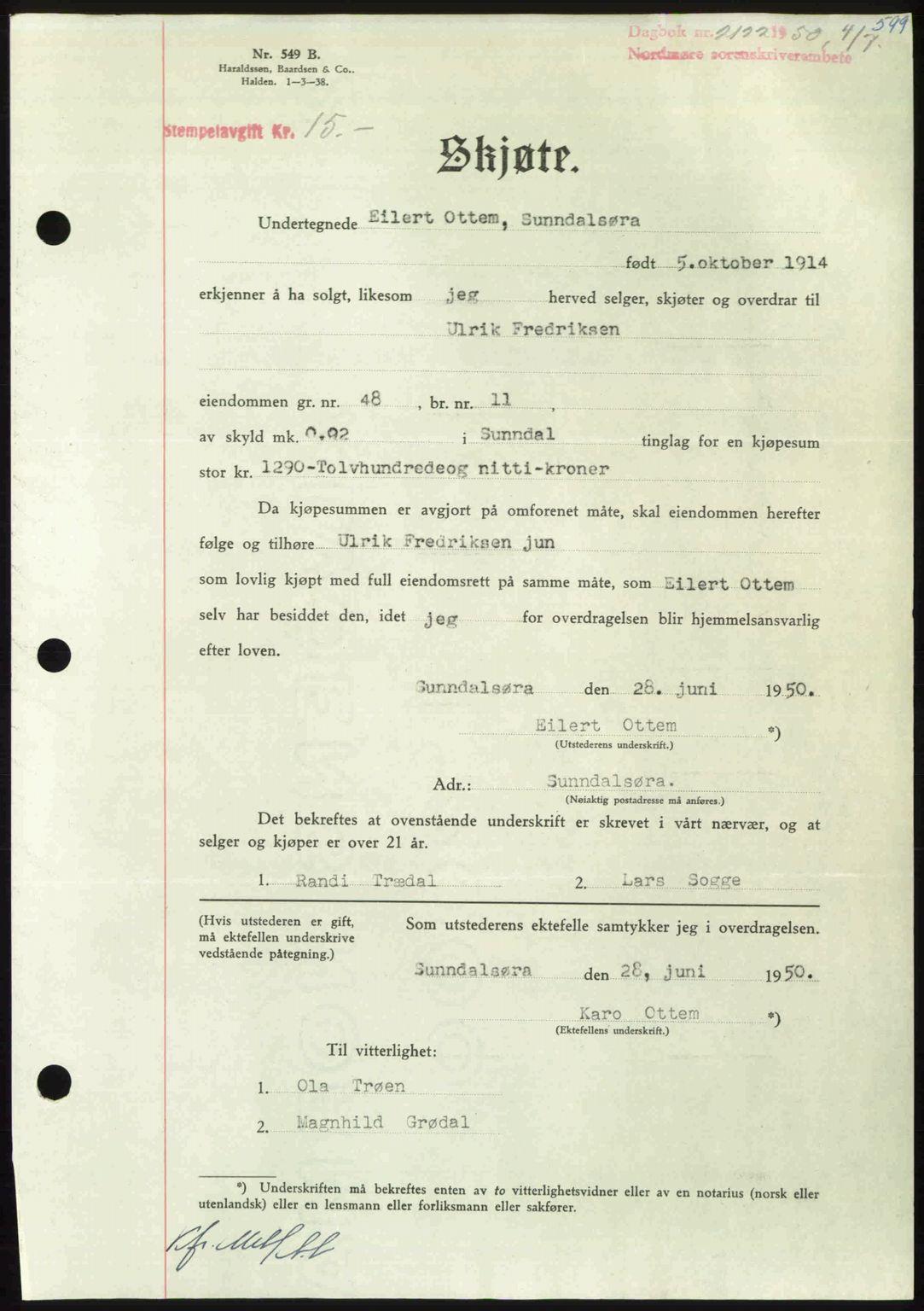 Nordmøre sorenskriveri, AV/SAT-A-4132/1/2/2Ca: Mortgage book no. A115, 1950-1950, Diary no: : 2122/1950