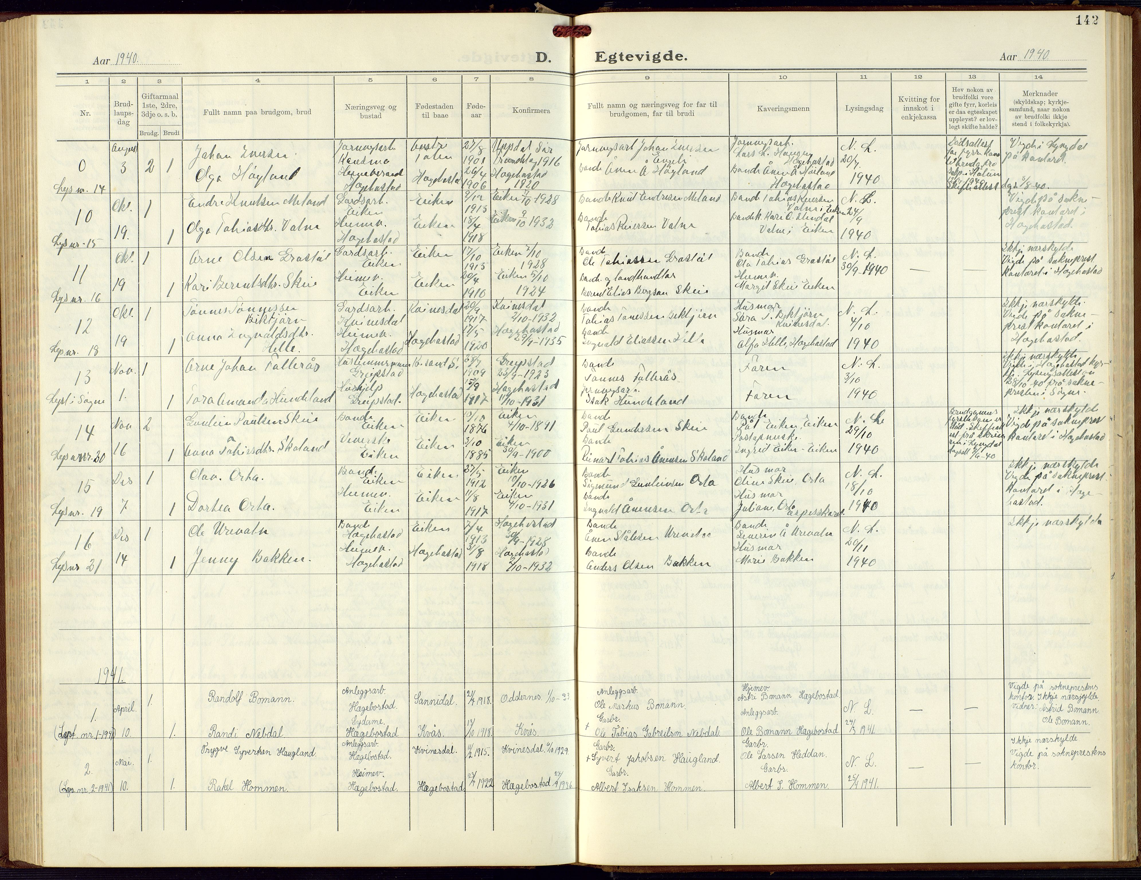 Hægebostad sokneprestkontor, SAK/1111-0024/F/Fb/Fba/L0006: Parish register (copy) no. B 6, 1931-1970, p. 142