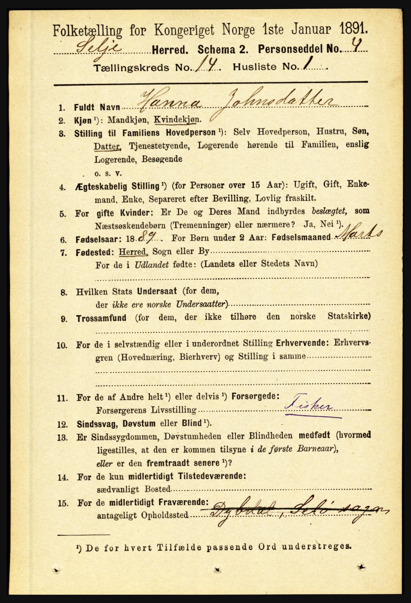 RA, 1891 census for 1441 Selje, 1891, p. 4439