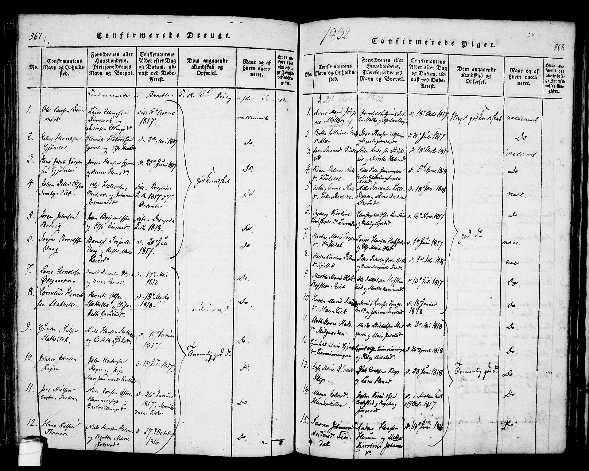 Bamble kirkebøker, AV/SAKO-A-253/F/Fa/L0003: Parish register (official) no. I 3 /1, 1814-1834, p. 567-568