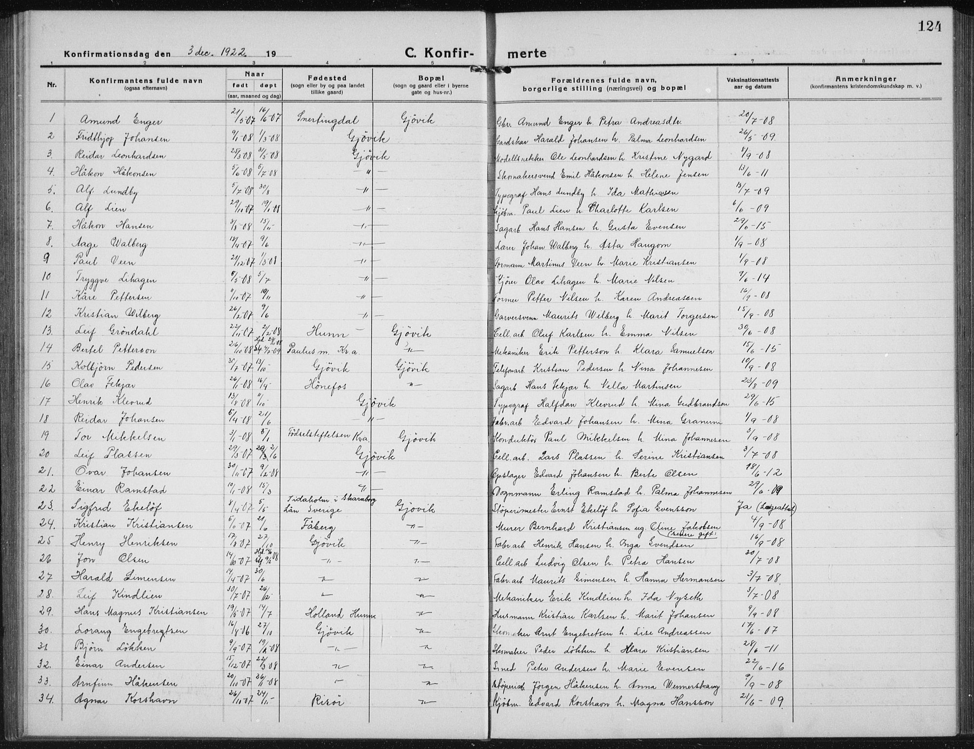 Vardal prestekontor, AV/SAH-PREST-100/H/Ha/Hab/L0017: Parish register (copy) no. 17, 1922-1941, p. 124