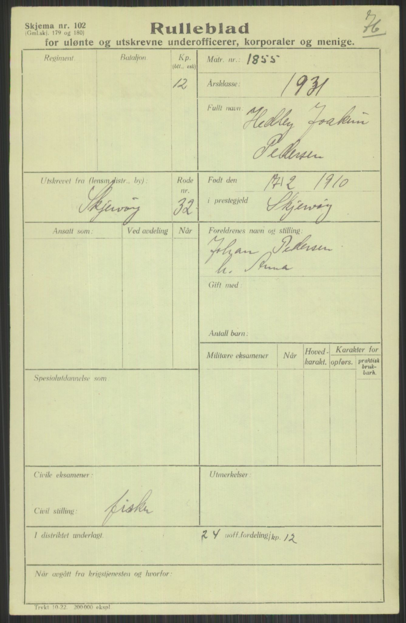 Forsvaret, Troms infanteriregiment nr. 16, AV/RA-RAFA-3146/P/Pa/L0015: Rulleblad for regimentets menige mannskaper, årsklasse 1931, 1931, p. 959