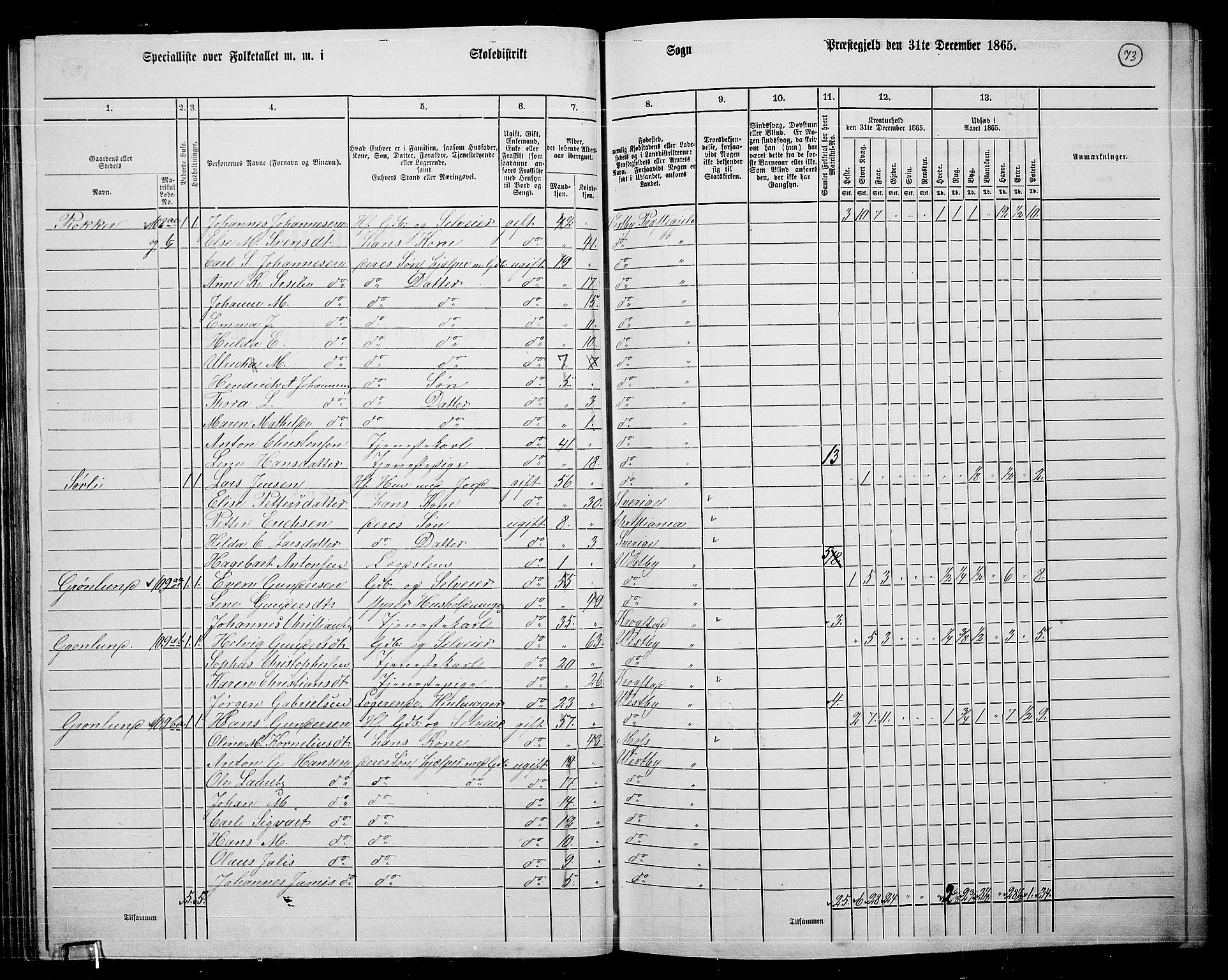 RA, 1865 census for Vestby, 1865, p. 70