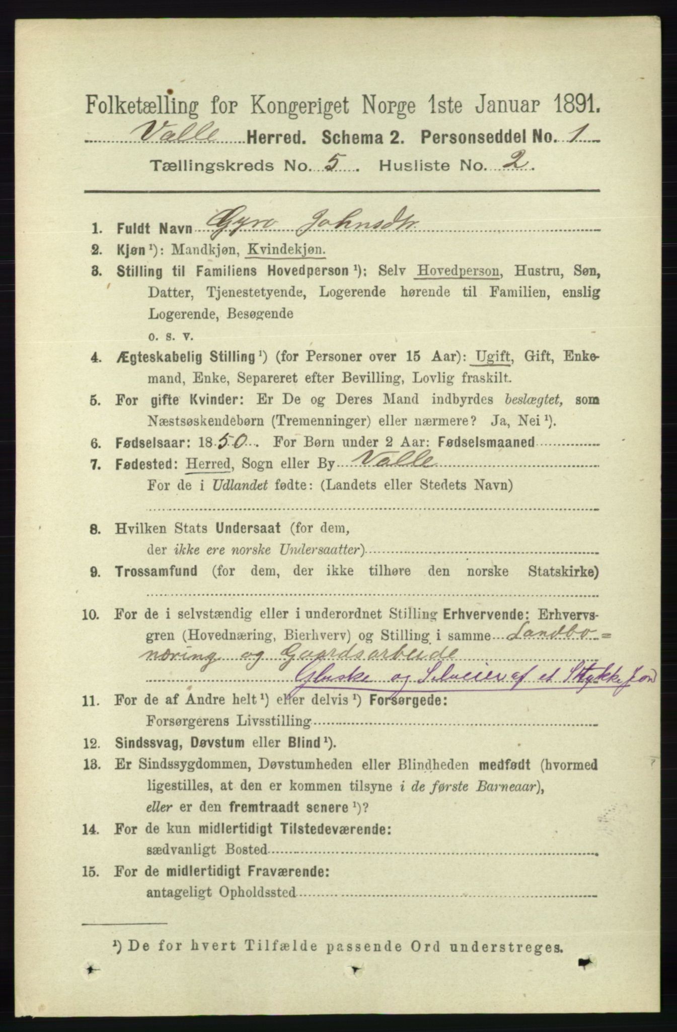 RA, 1891 census for 0940 Valle, 1891, p. 1336