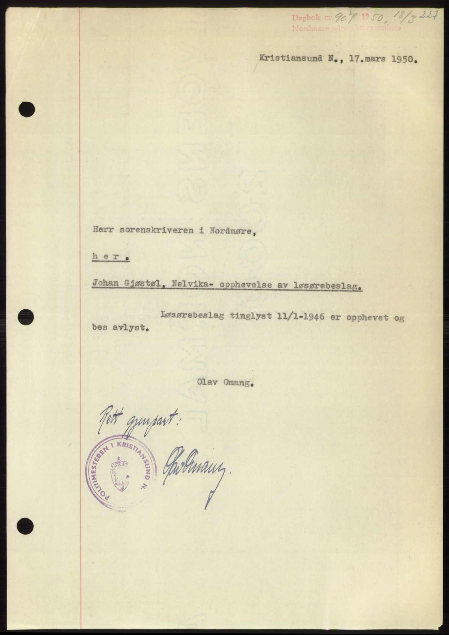 Nordmøre sorenskriveri, AV/SAT-A-4132/1/2/2Ca: Mortgage book no. B104, 1950-1950, Diary no: : 907/1950