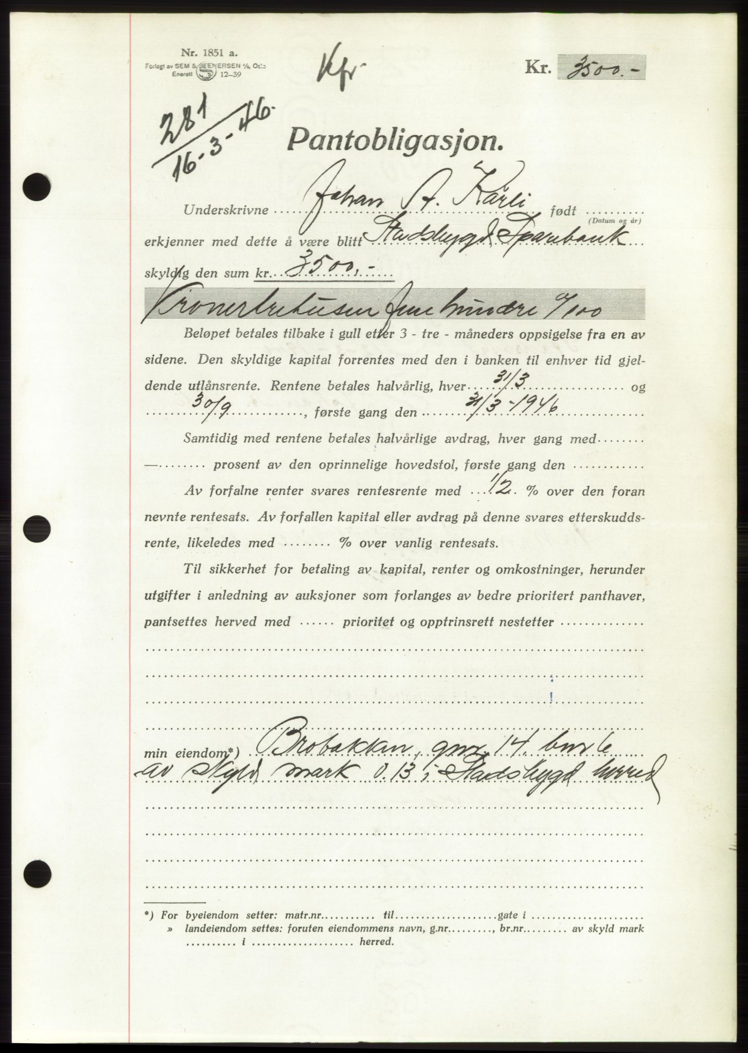 Fosen sorenskriveri, AV/SAT-A-1107/1/2/2C: Mortgage book no. B, 1946-1948, Diary no: : 281/1946