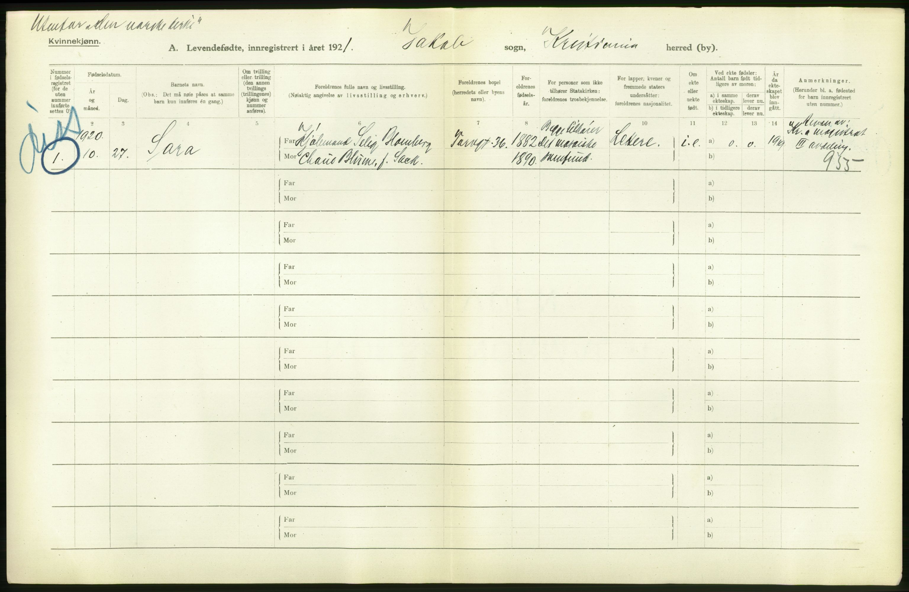 Statistisk sentralbyrå, Sosiodemografiske emner, Befolkning, RA/S-2228/D/Df/Dfc/Dfca/L0010: Kristiania: Levendefødte menn og kvinner., 1921, p. 440