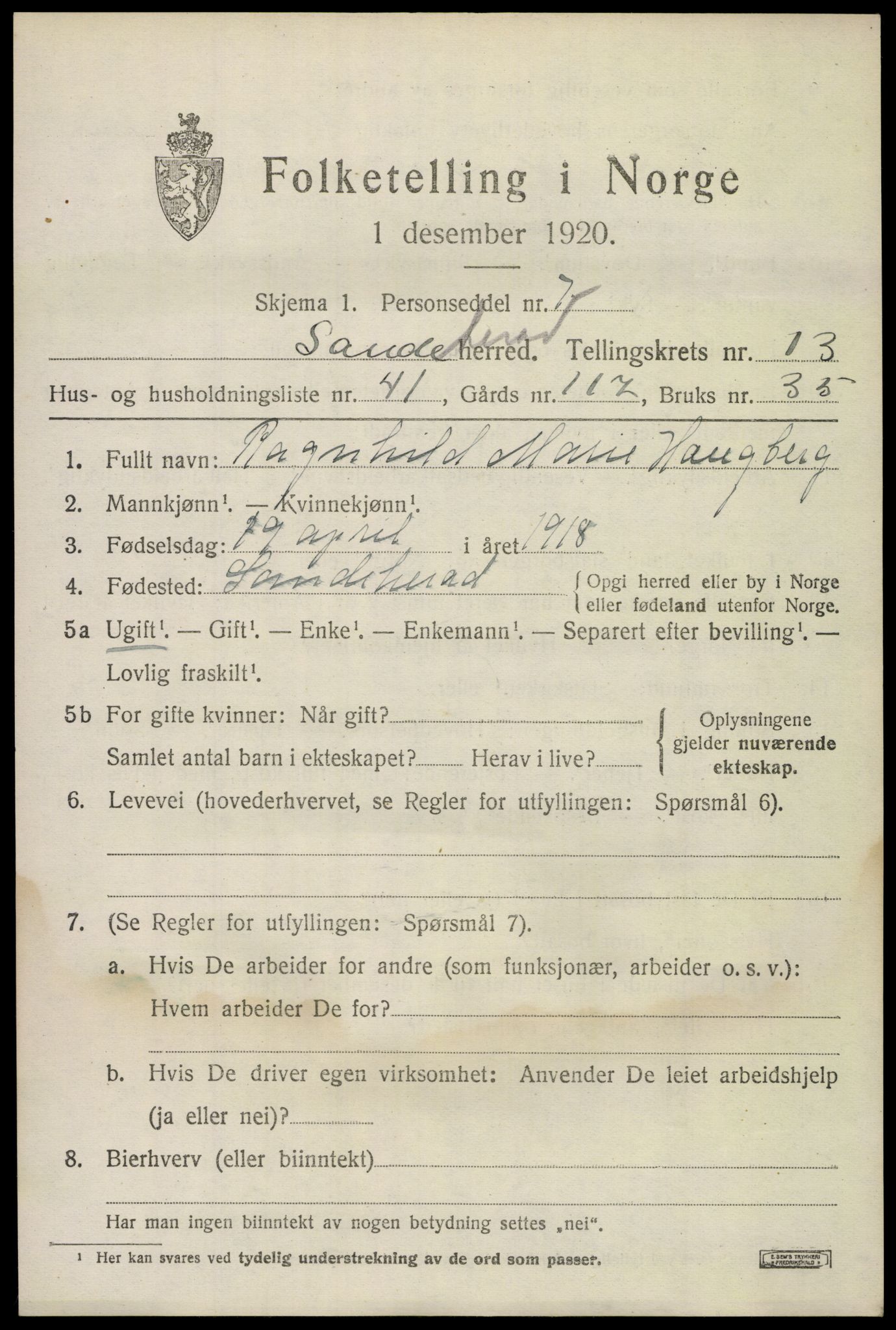 SAKO, 1920 census for Sandeherred, 1920, p. 19790