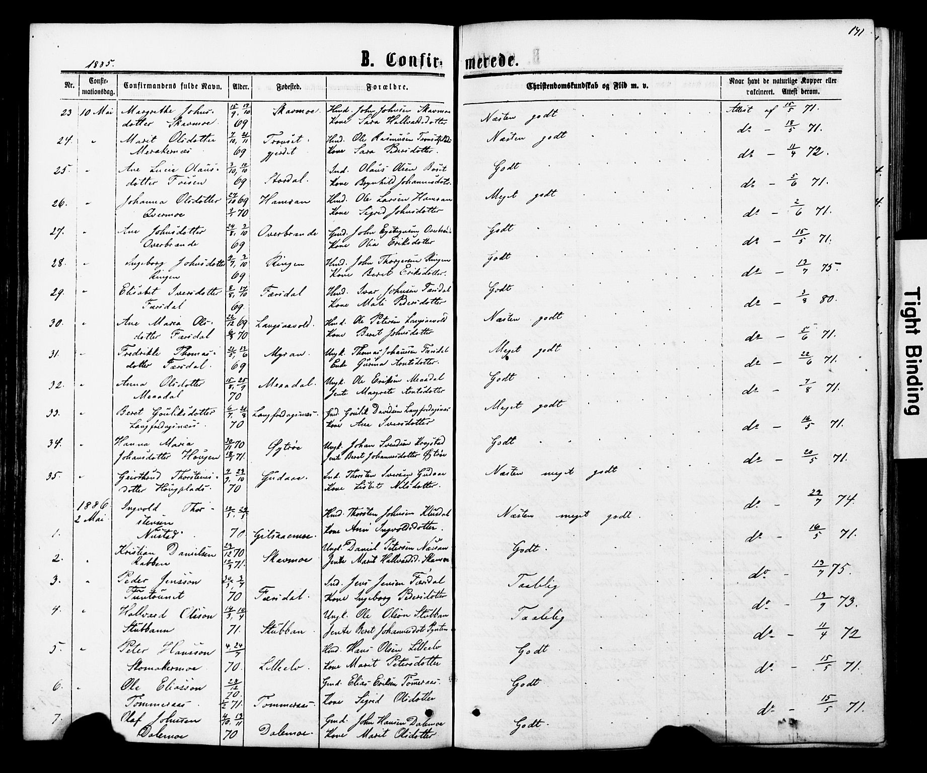 Ministerialprotokoller, klokkerbøker og fødselsregistre - Nord-Trøndelag, SAT/A-1458/706/L0049: Parish register (copy) no. 706C01, 1864-1895, p. 141