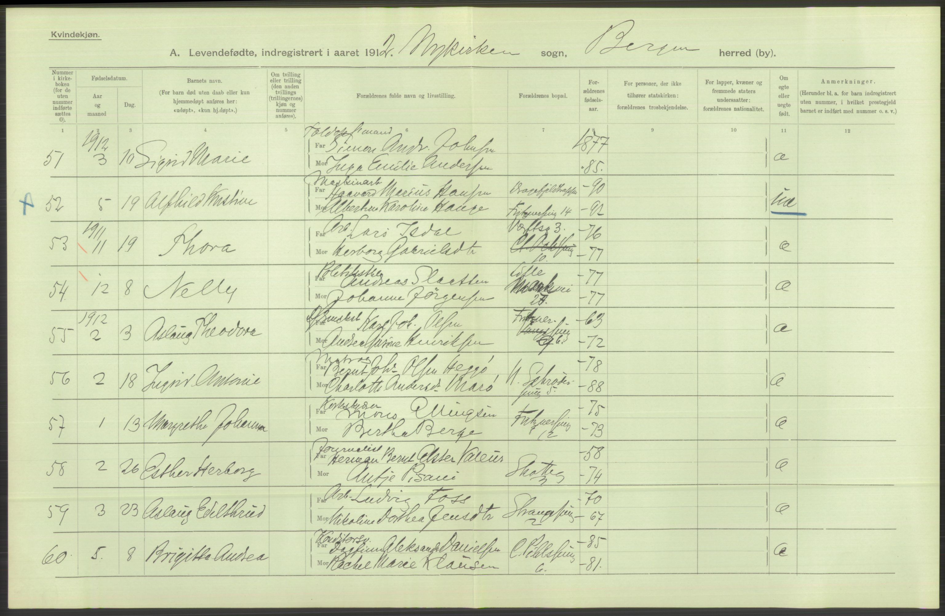 Statistisk sentralbyrå, Sosiodemografiske emner, Befolkning, AV/RA-S-2228/D/Df/Dfb/Dfbb/L0032: Bergen: Levendefødte menn og kvinner., 1912, p. 12