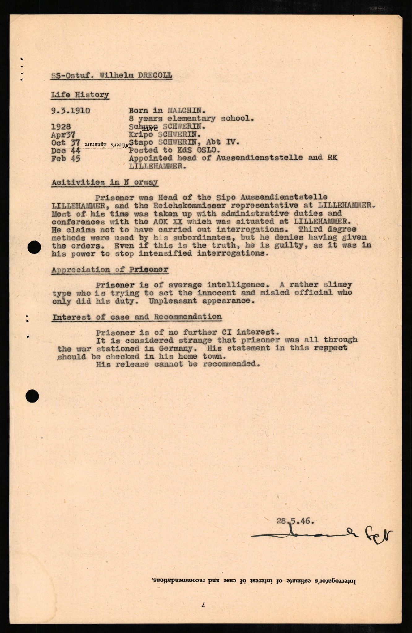 Forsvaret, Forsvarets overkommando II, AV/RA-RAFA-3915/D/Db/L0006: CI Questionaires. Tyske okkupasjonsstyrker i Norge. Tyskere., 1945-1946, p. 204