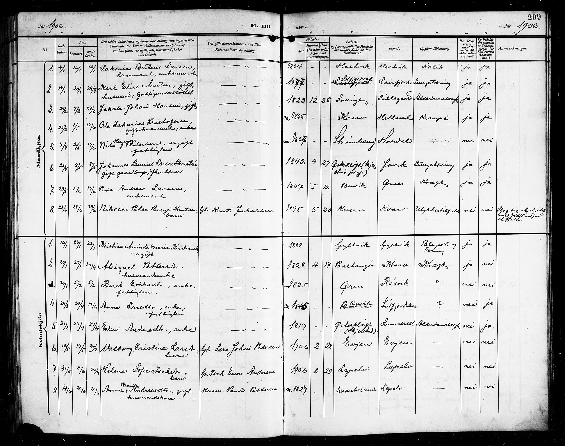 Ministerialprotokoller, klokkerbøker og fødselsregistre - Nordland, AV/SAT-A-1459/854/L0786: Parish register (copy) no. 854C02, 1901-1912, p. 209