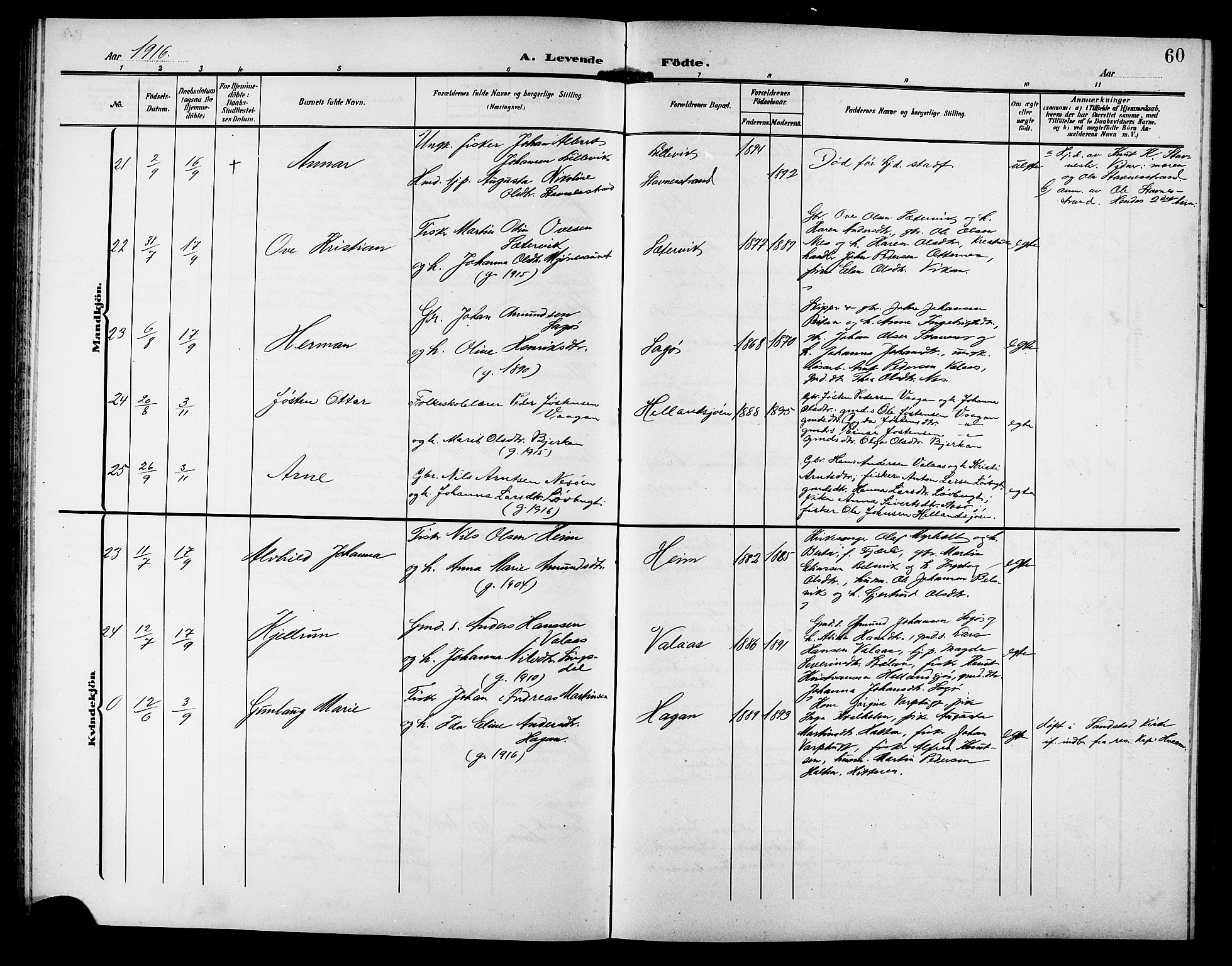 Ministerialprotokoller, klokkerbøker og fødselsregistre - Sør-Trøndelag, SAT/A-1456/633/L0520: Parish register (copy) no. 633C02, 1906-1921, p. 60